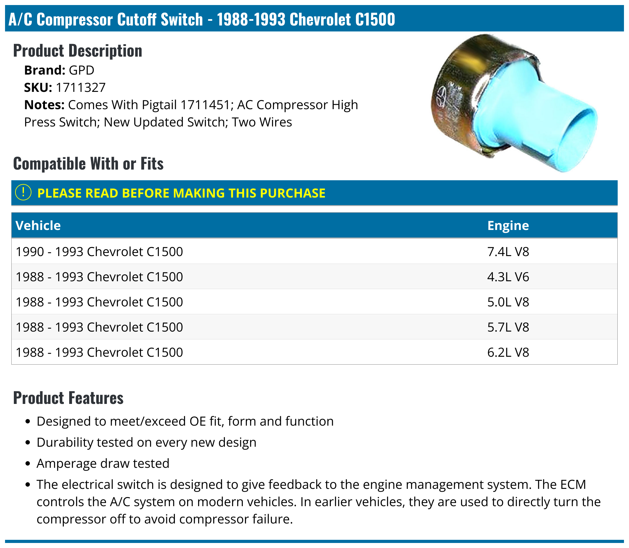 1988-1993 Chevrolet C1500 A/C Compressor Cutoff Switch - GPD 1711327 ...