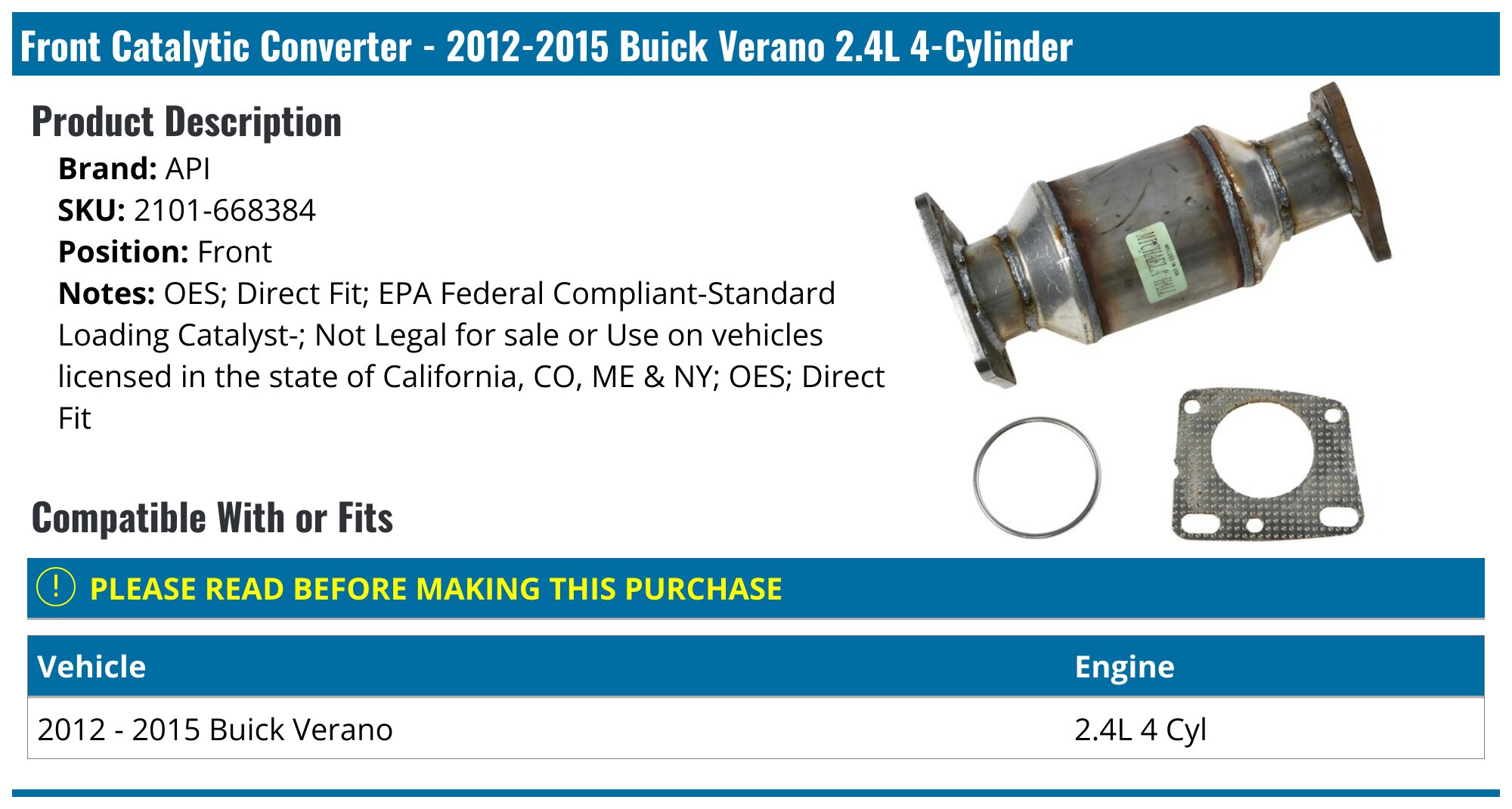 2012-2017 Buick Verano Catalytic Converter - Walker 54937 - Rear
