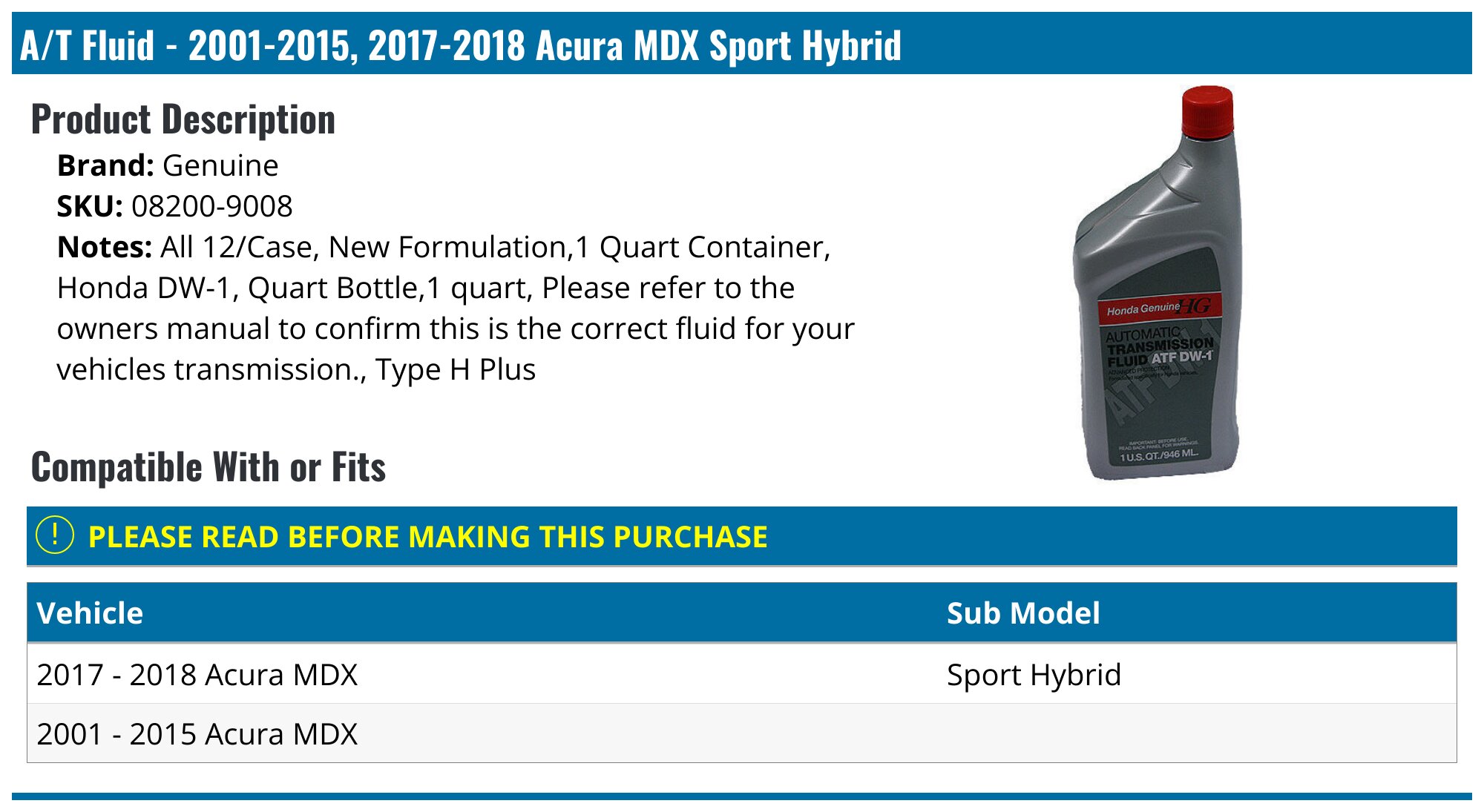 Genune for HONDA ATF DW1 Transmsson Flud W/Free Washer (4x Qts