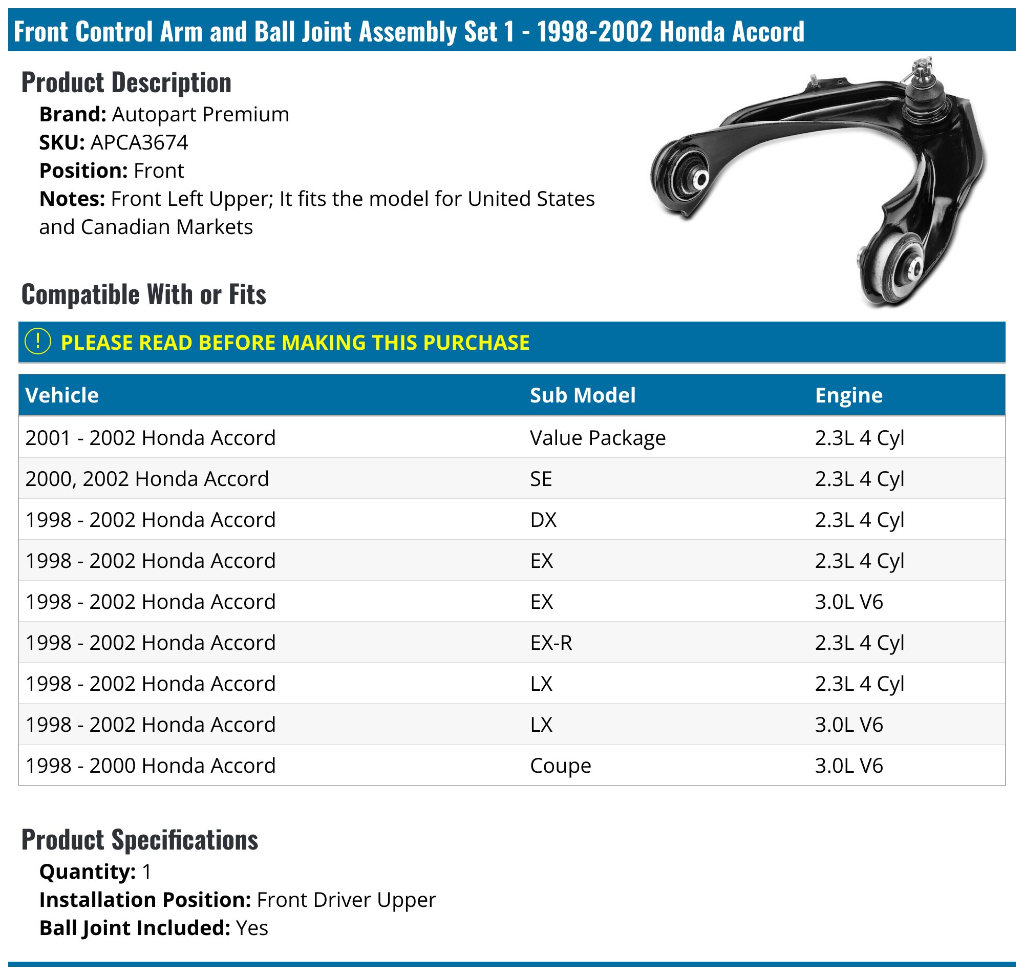Front Left Steering Knuckle With Ball Joint For 1998-2002 Honda Accord 2.3L