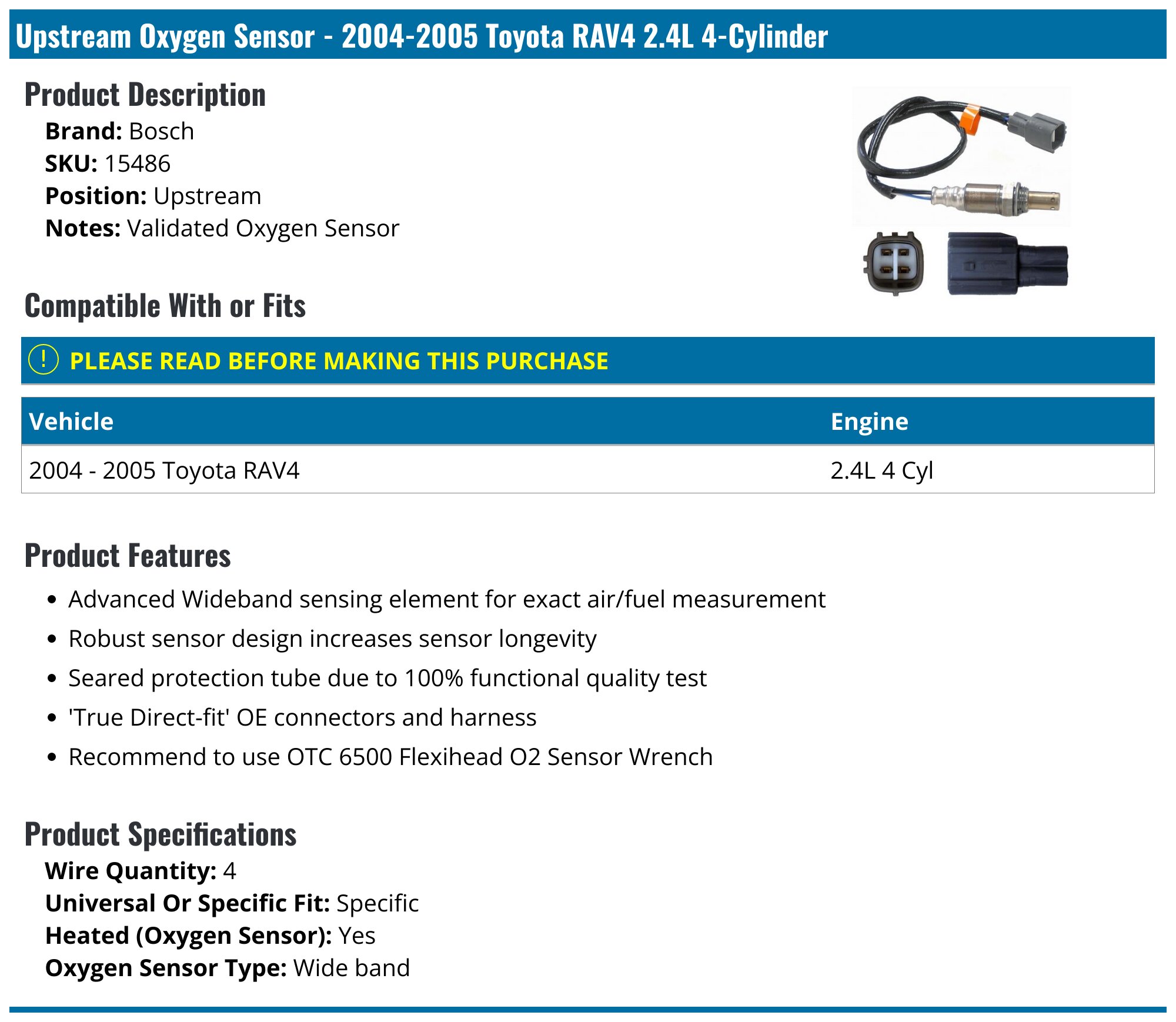 A-Premium Downstream Oxygen Sensor For 2004-2005 Toyota RAV4 2.4L (2AZ-FE)