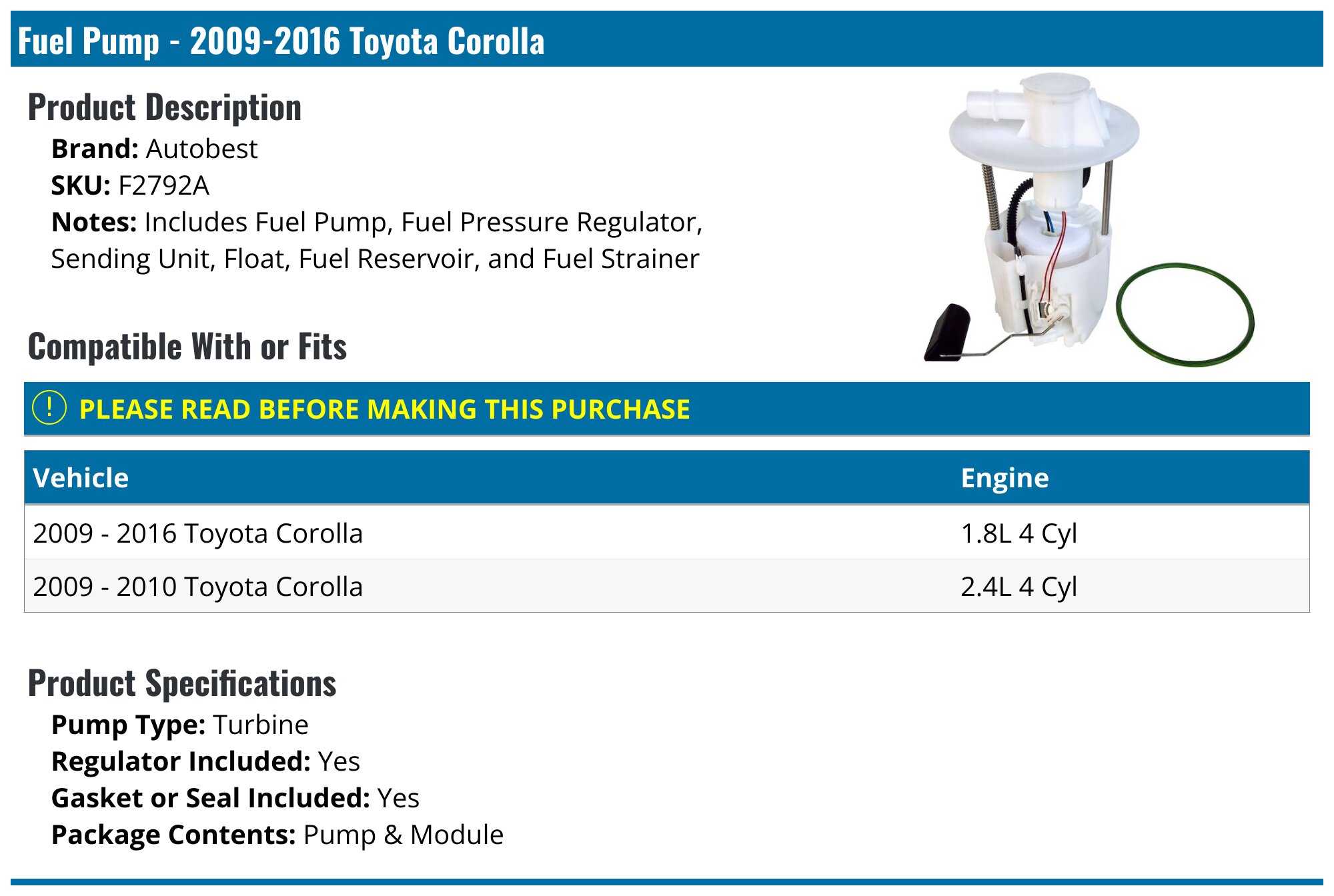 2009-2013 Toyota Corolla Fuel Pump - Autobest F2792A - PartsGeek.com