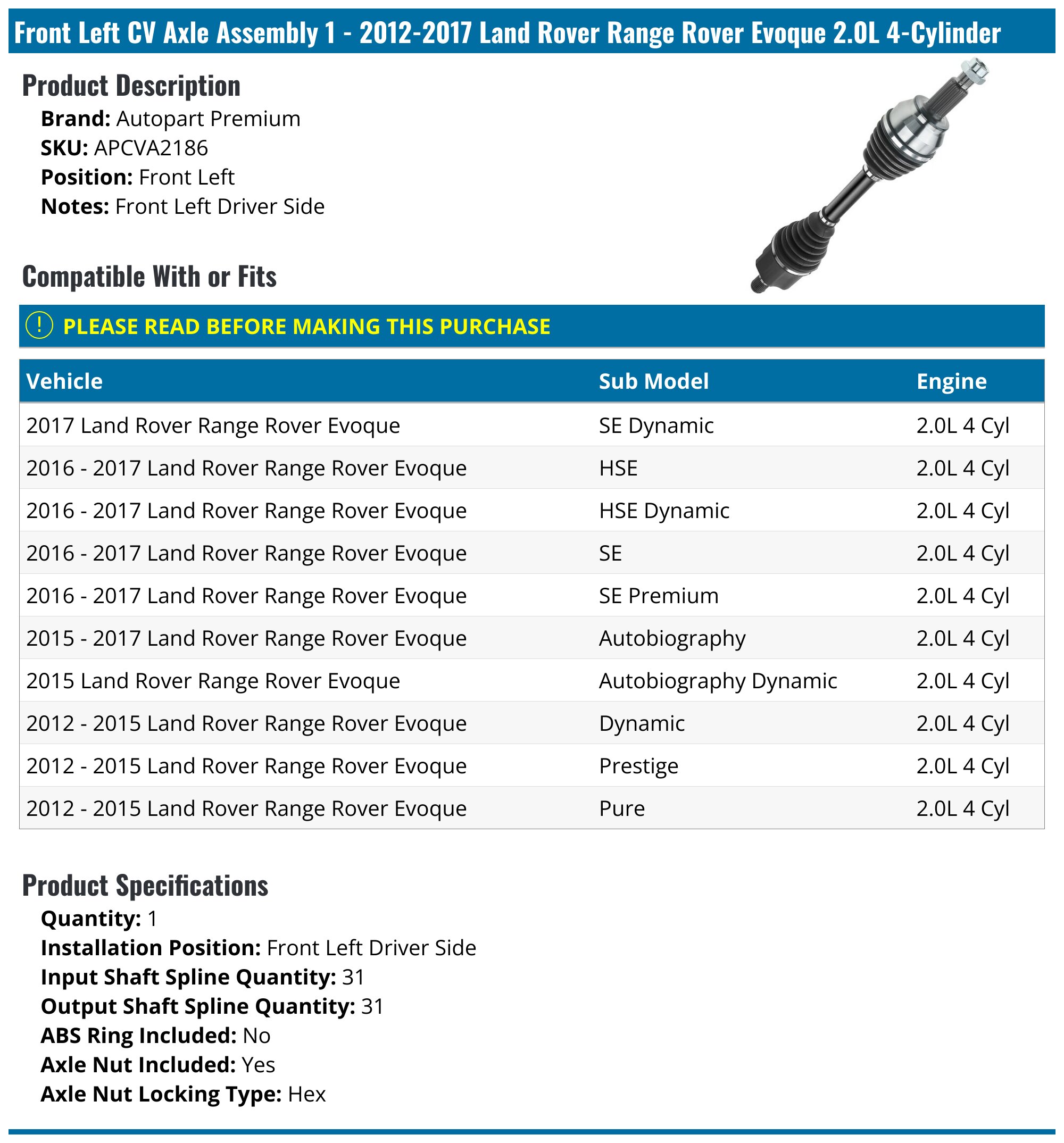 Land Rover Range Rover Evoque Axle - Drive Axles - TRQ Autopart Premium ...