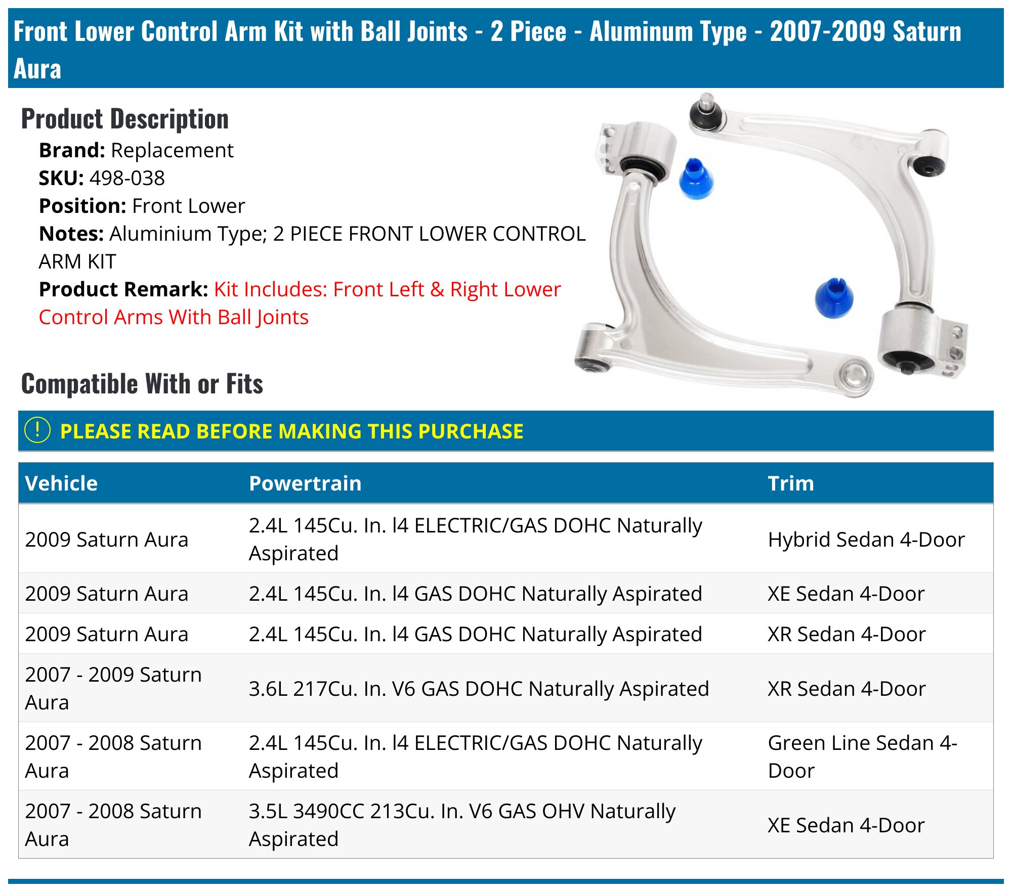 Front Lower Control Arm Kit with Ball Joints - 2 Piece - Aluminum Type -  2007-2009 Saturn Aura - Replacement 23978-02193063, image size:2000x1764
