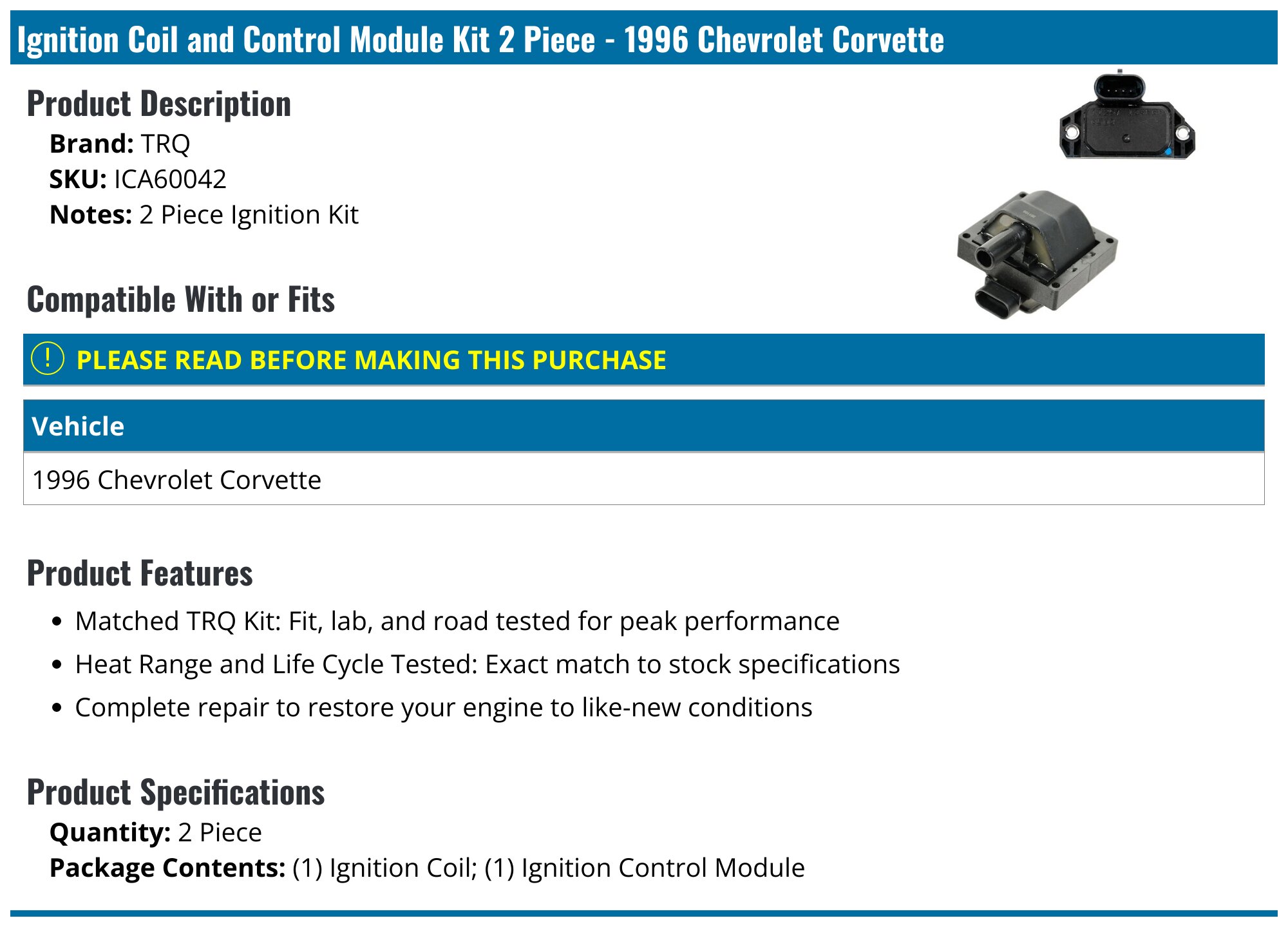 1996 Chevrolet Corvette Ignition Coil - TRQ ICA60042 - PartsGeek.com