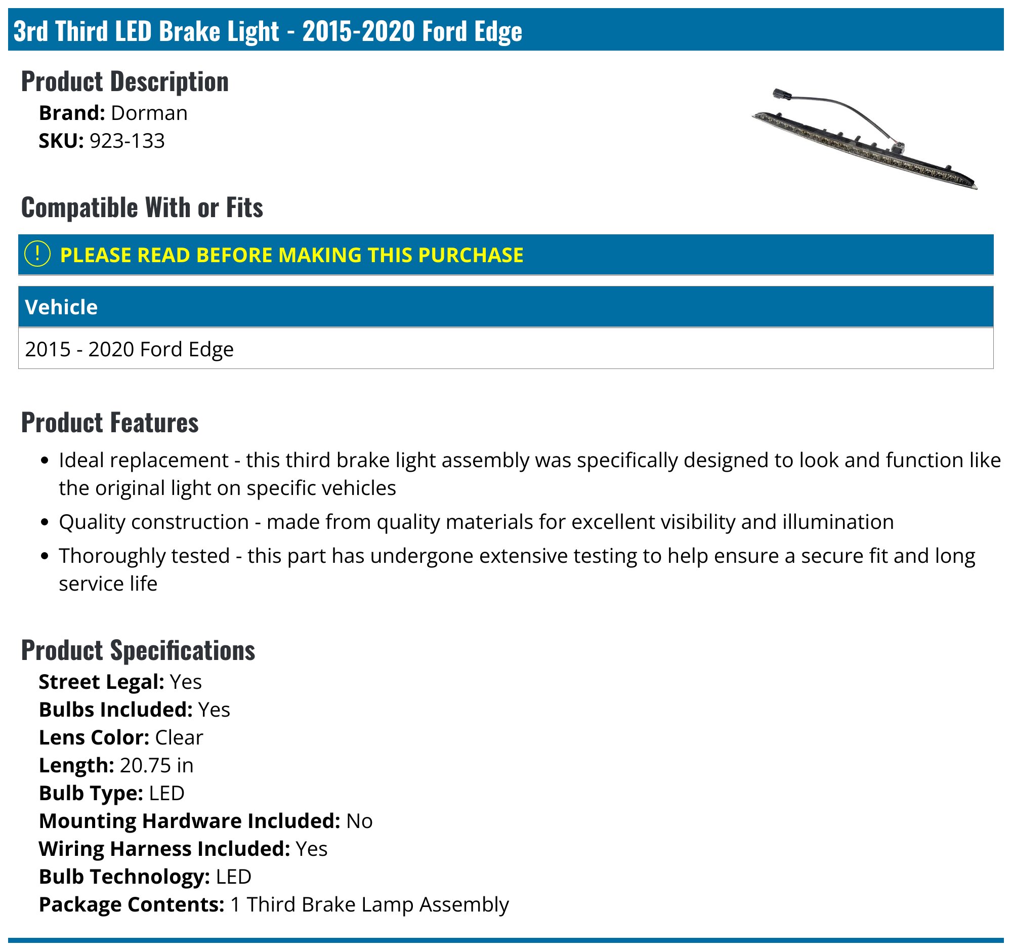 2015-2020 Ford Edge Third Brake Light - Dorman 923-133 - PartsGeek.com, image size:2000x1879