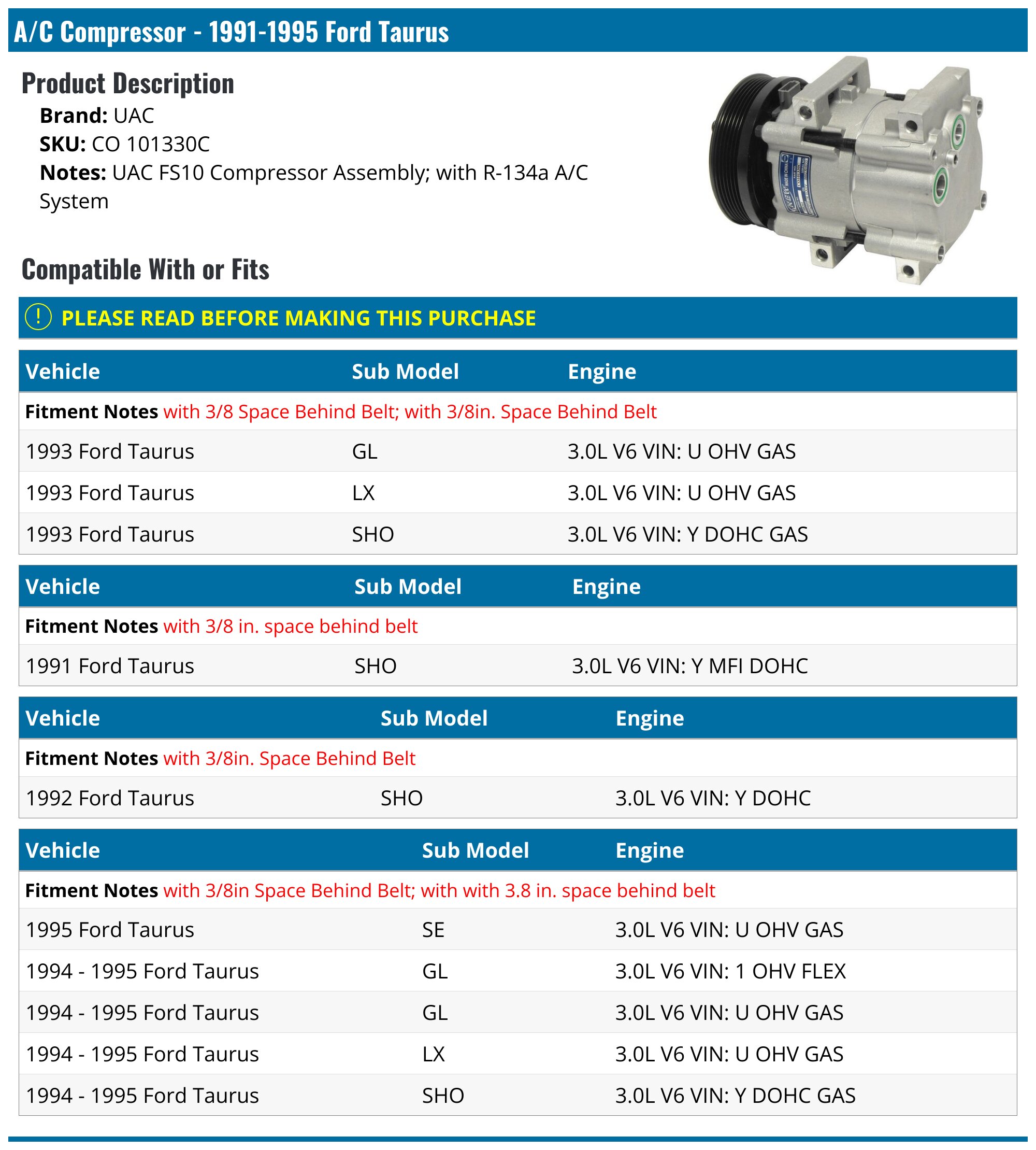1991-1995 Ford Taurus A/C Compressor - UAC CO 101330C - PartsGeek.com