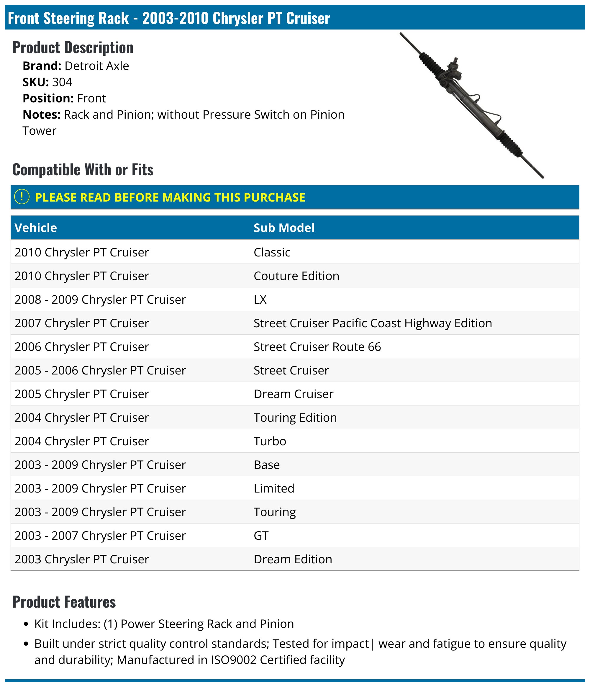 Power Steering Rack & Pinion For 2003-2010 Chrysler PT Cruiser (No Sensor) – FIFI USA Reman