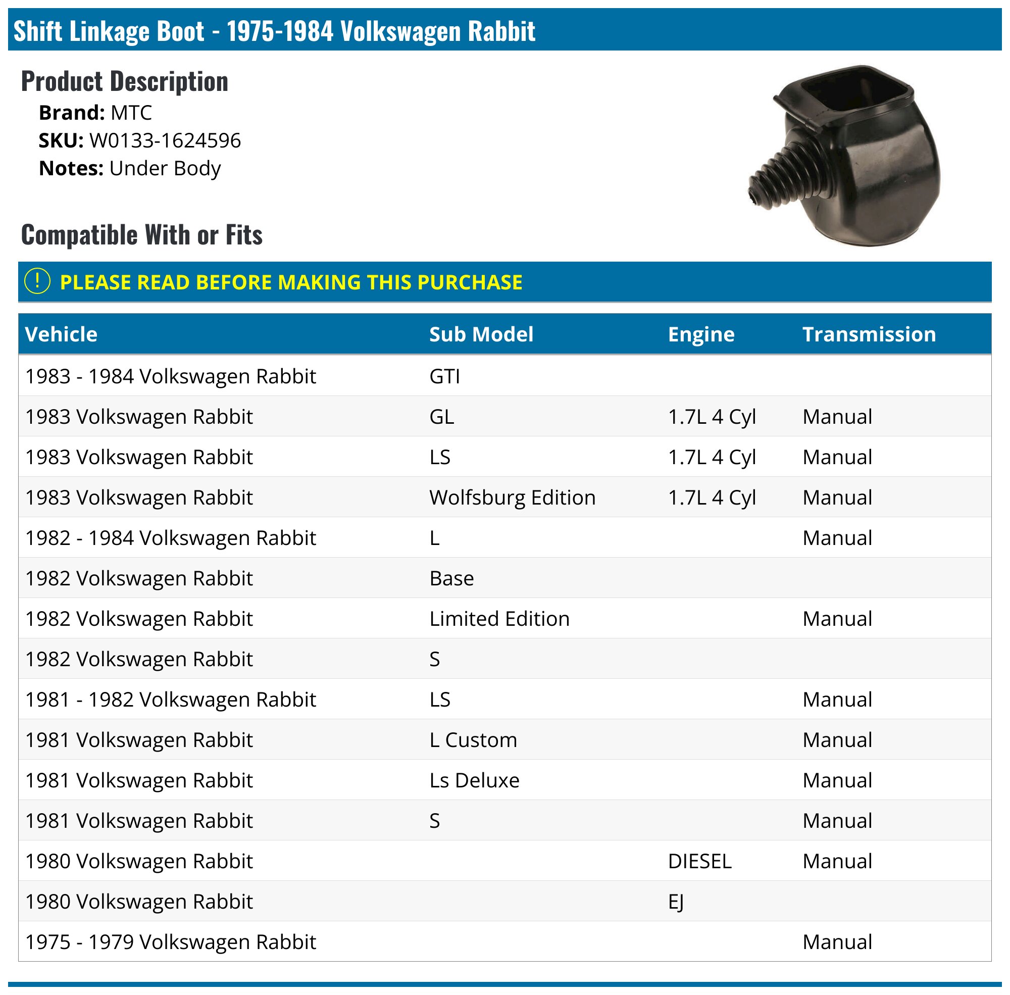 1975-1984 Volkswagen Rabbit Shift Linkage Boot - MTC W0133-1624596 ...
