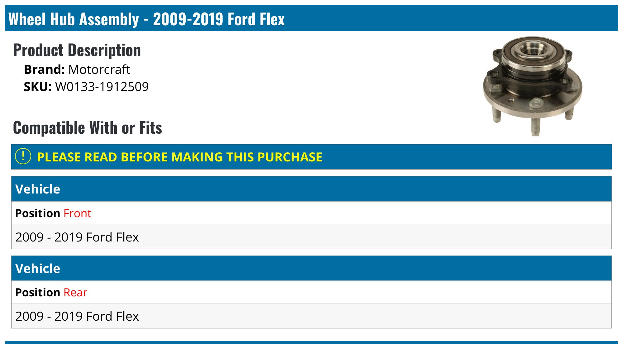 Front Wheel Hub & Bearing Assembly – For Ford Flex 2009-2019 – 5x114.3, ABS
