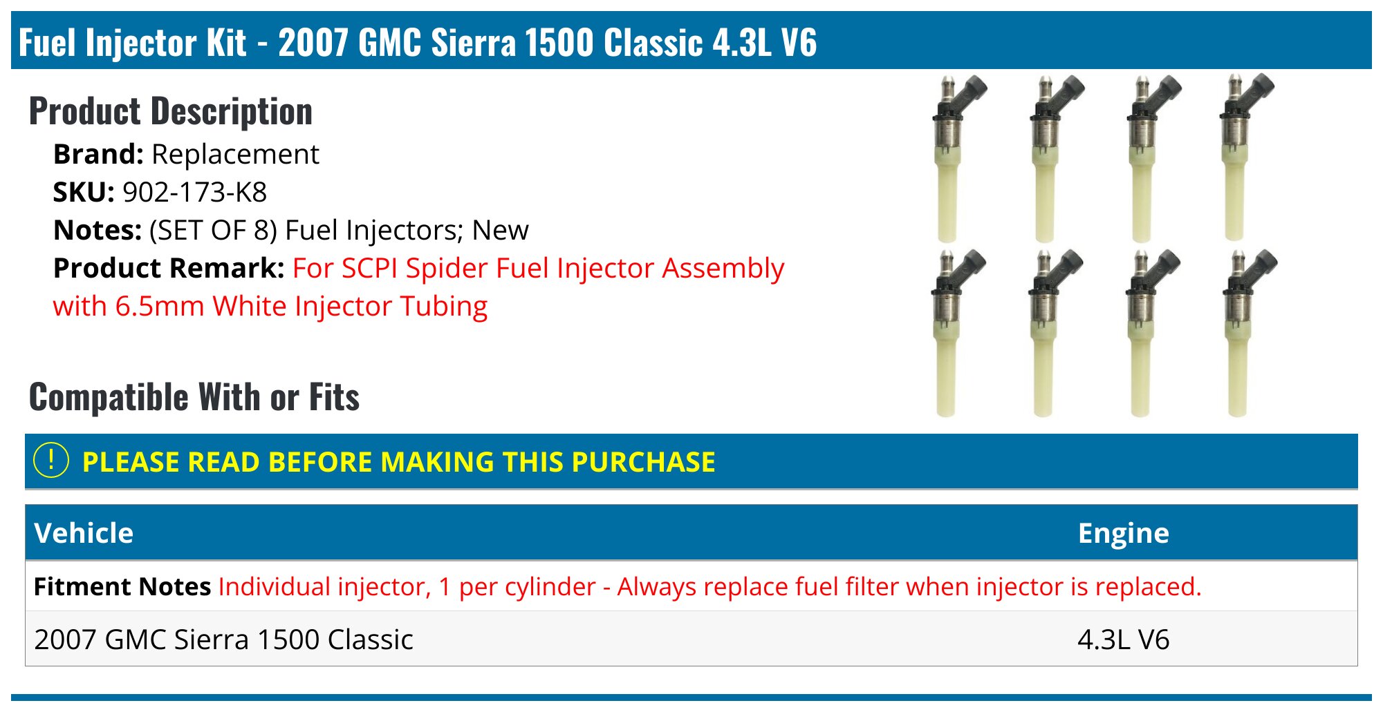 New Fuel Injector Assembly For Chevy GMC Pickup 4.3L V6 – 1996-2002 – Direct Fit