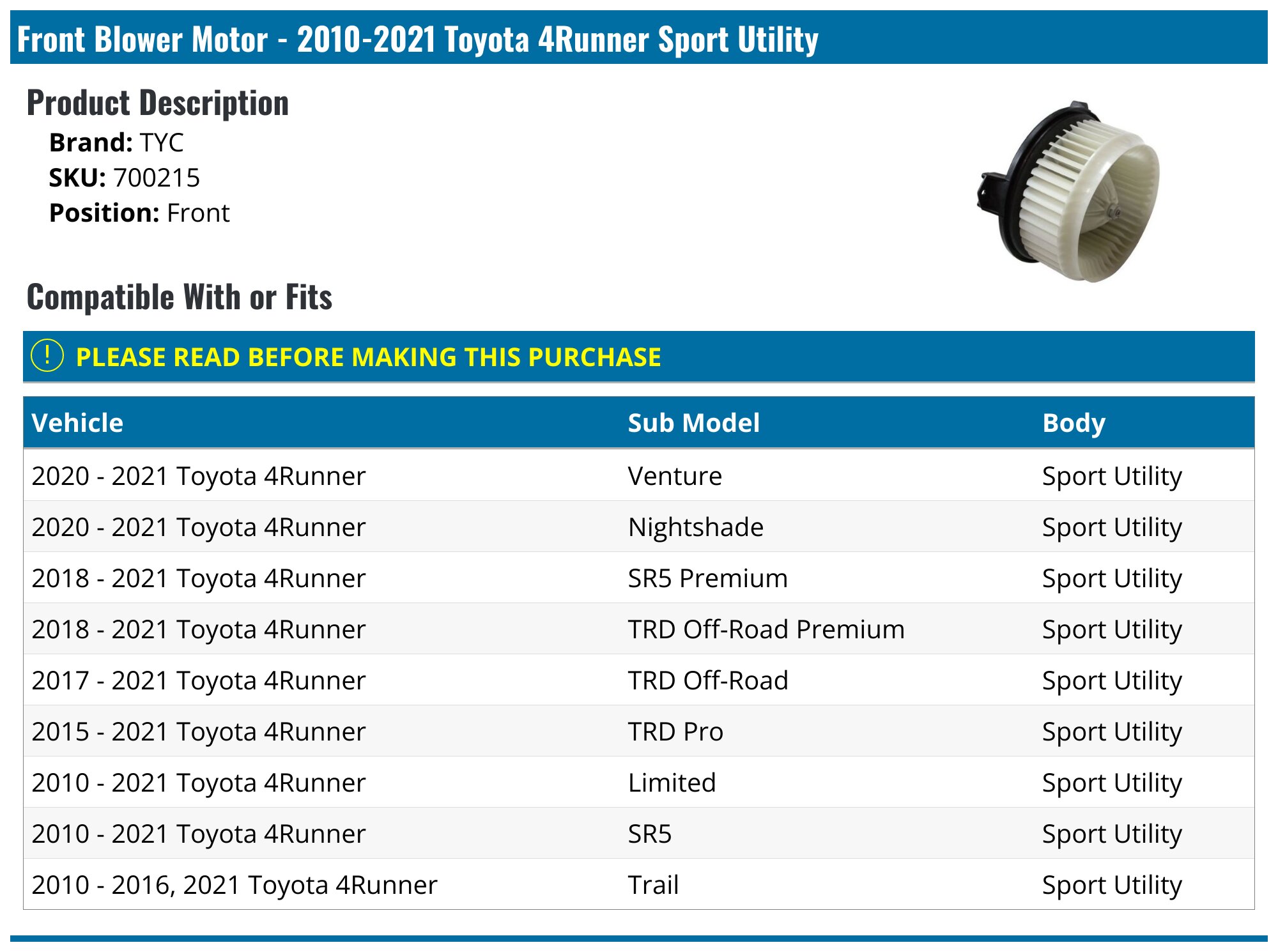 2010-2023 Toyota 4Runner Blower Motor - TYC 700215 - Front - PartsGeek.com