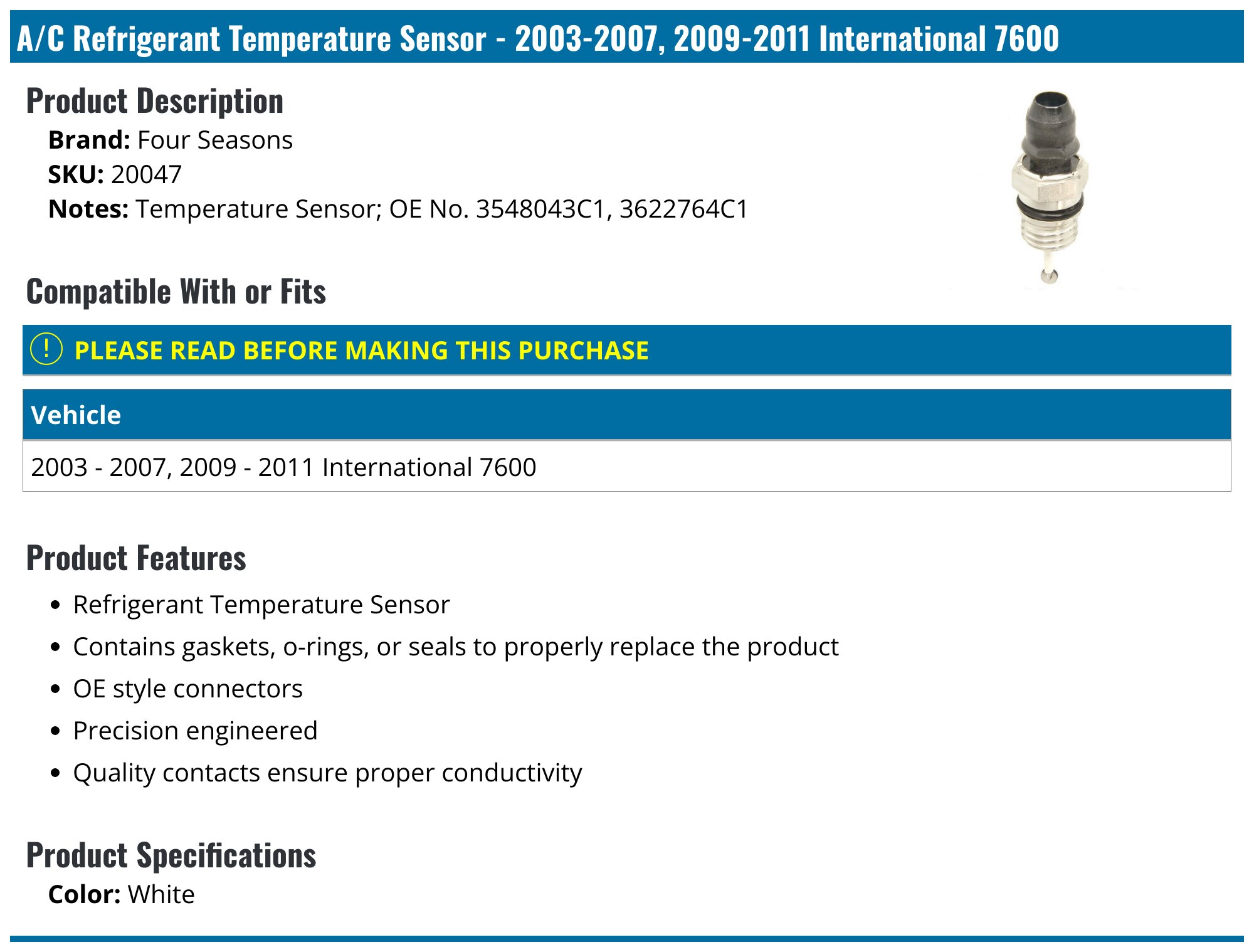 2003-2007, 2009-2011 International 7600 A/C Refrigerant Temperature ...
