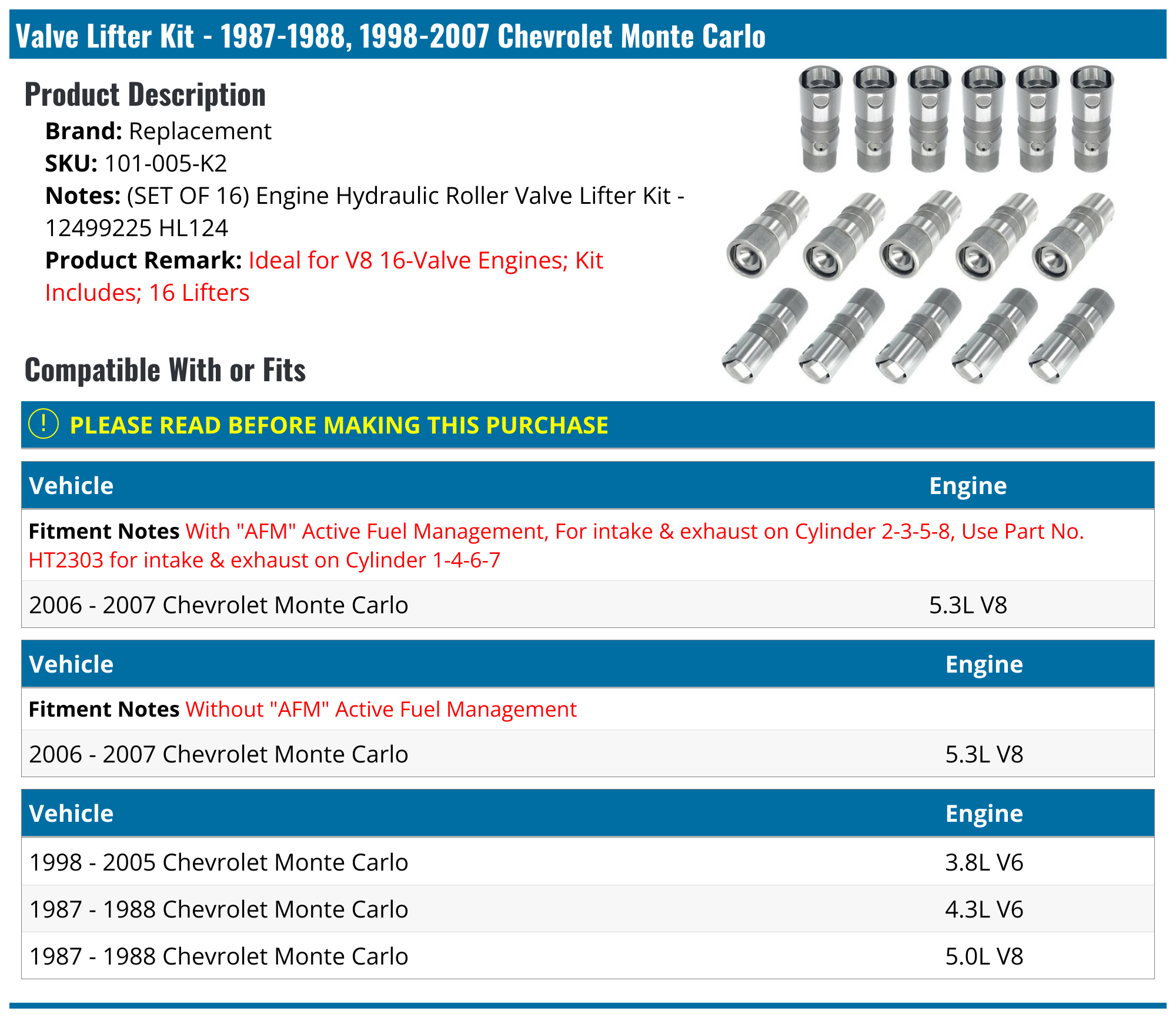 19871988, 19982007 Chevrolet Monte Carlo Valve Lifter Replacement