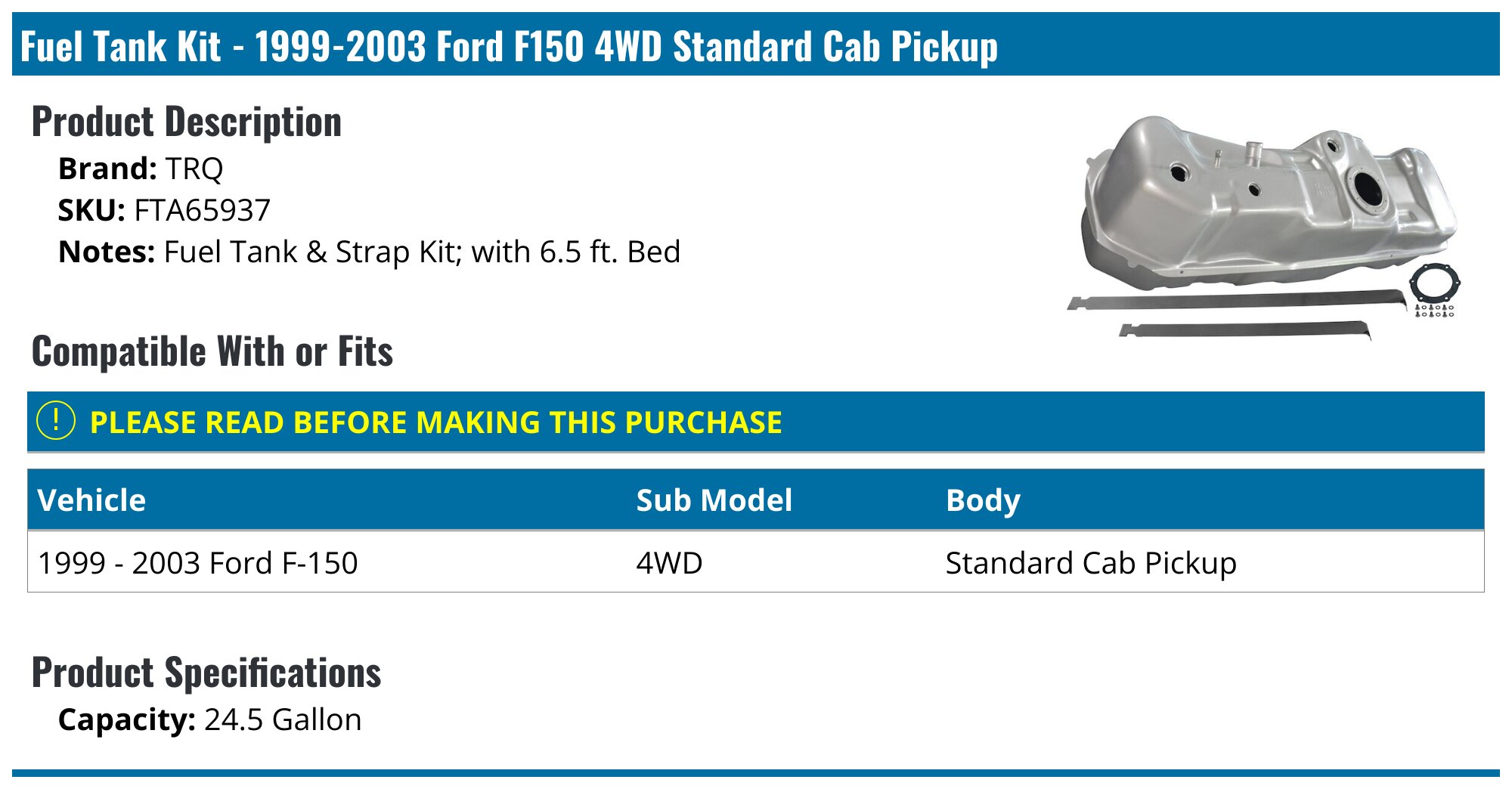 TRQ 24.5 Gallon Fuel Gas Tank w/ Strap Set for 97-98 Ford F150