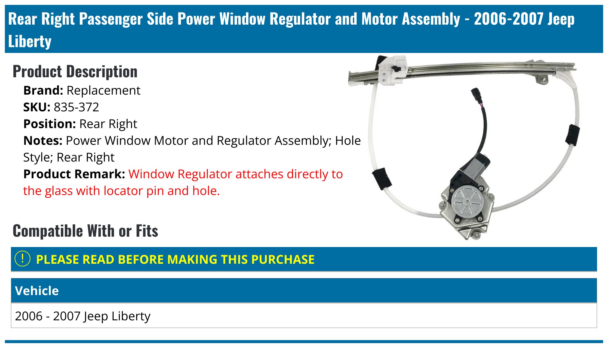 2002-2007 Jeep Liberty Window Motor - ACI 86869 - Rear Right