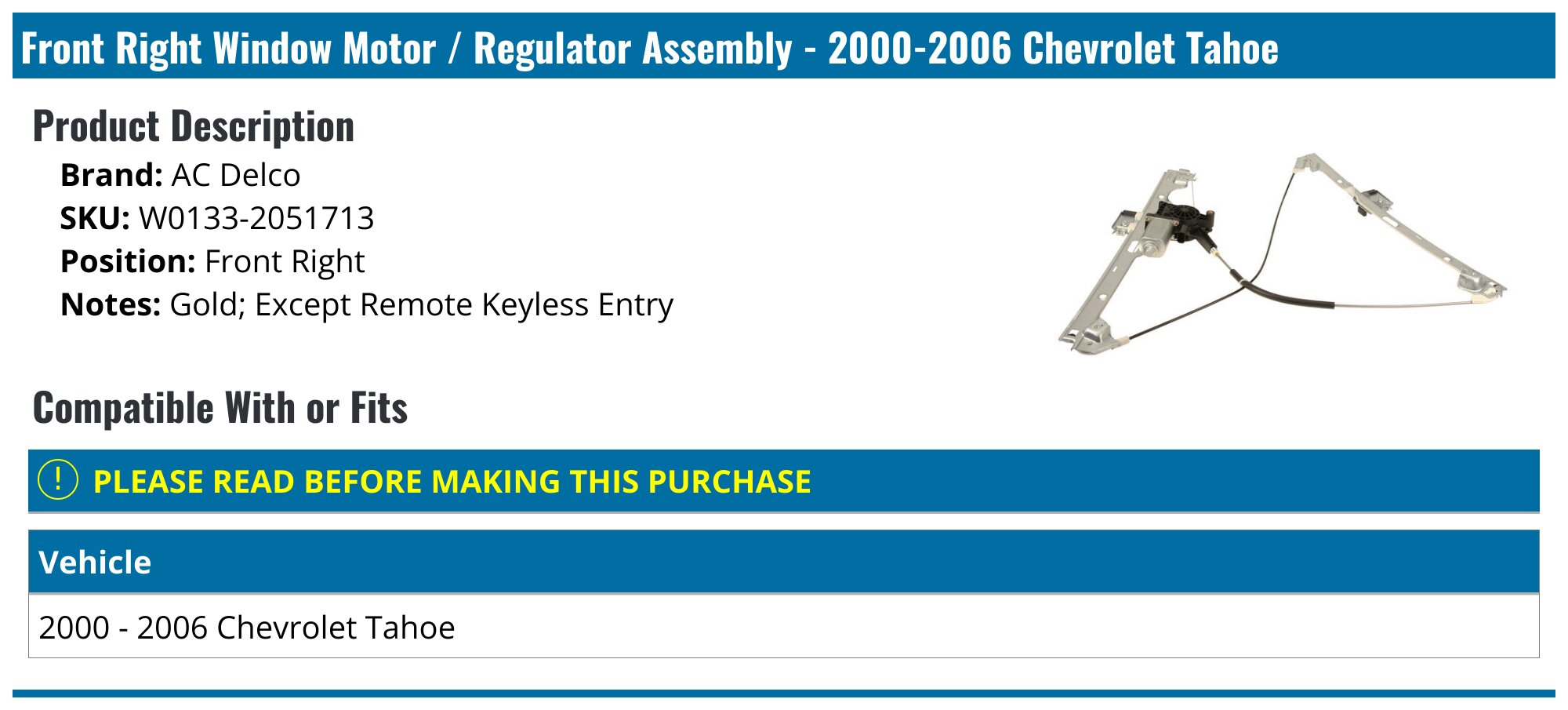 Rear Power Window Regulator Motor Chevrolet Tahoe 2000-2006