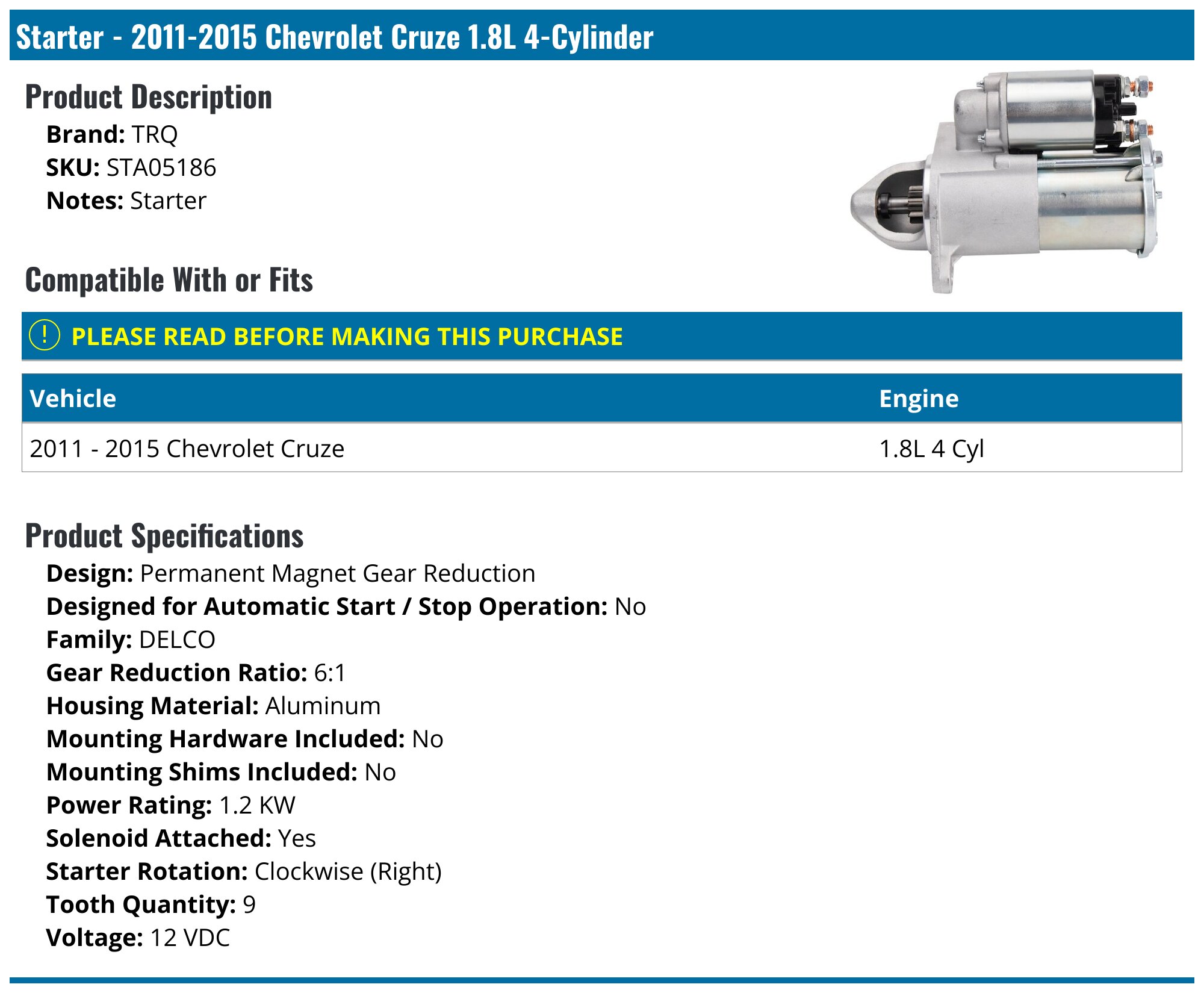 Parts Player Starter Compatible with Chevrolet Sonic 1.4L 2012