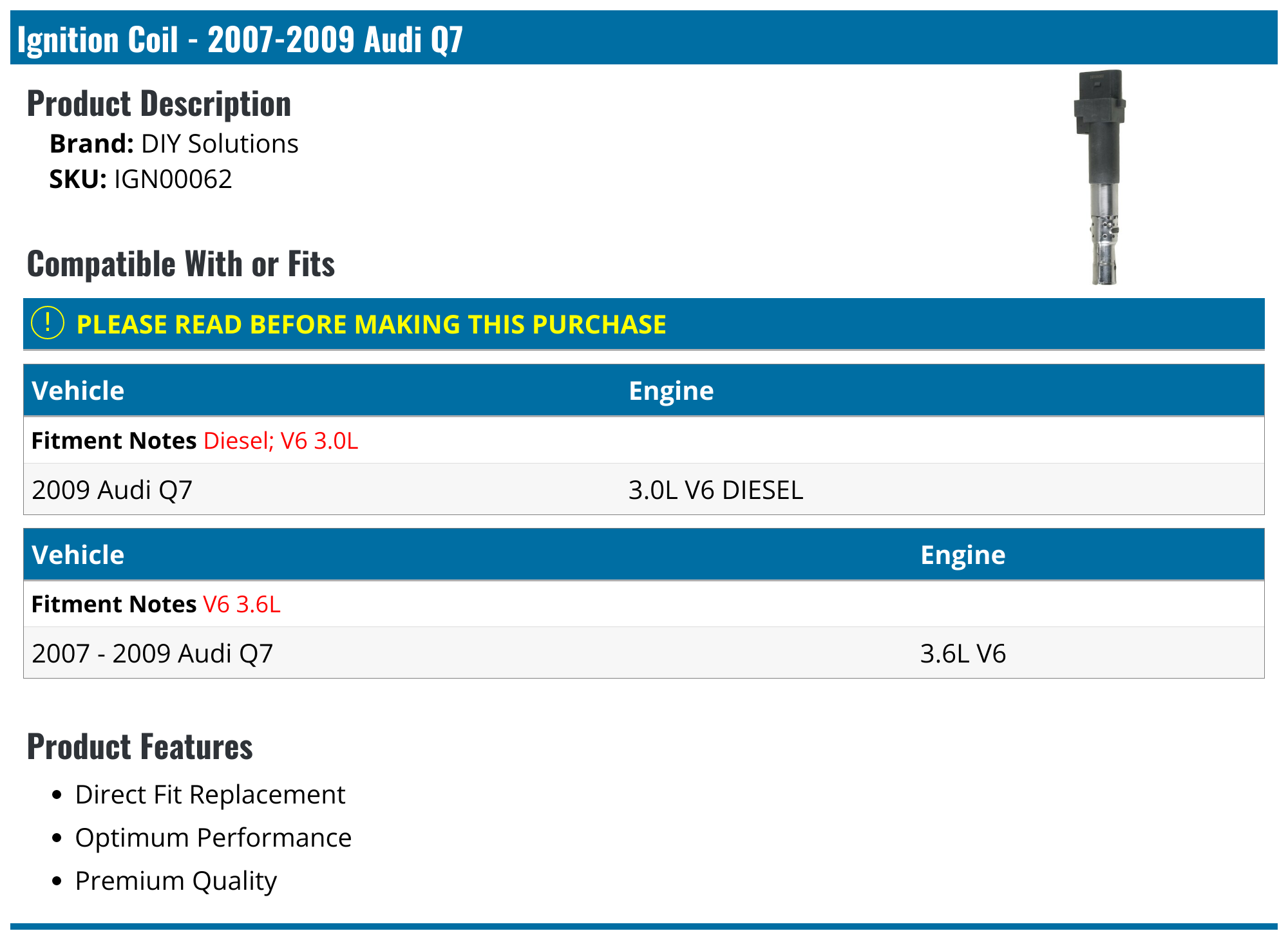 20072009 Audi Q7 Ignition Coil DIY Solutions IGN00062
