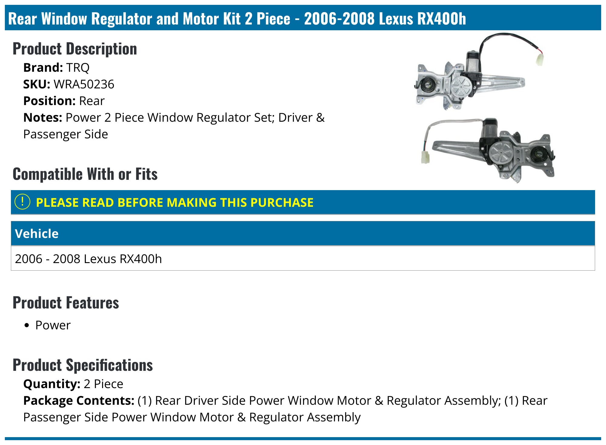 Lexus Rx 400h Rear Window 2006-2008 Lexus RX400h Window Regulator - TRQ WRA50236 - Rear ...