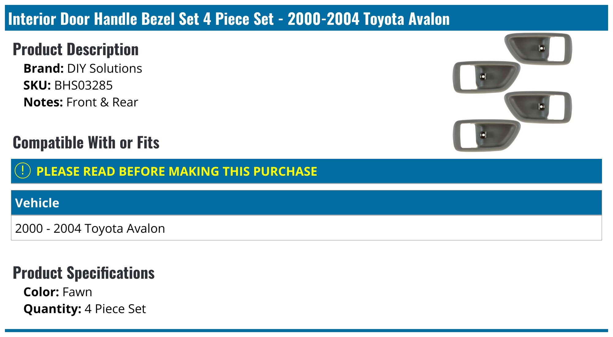 2000-2004 Toyota Avalon Interior Door Handle Bezel - DIY Solutions ...