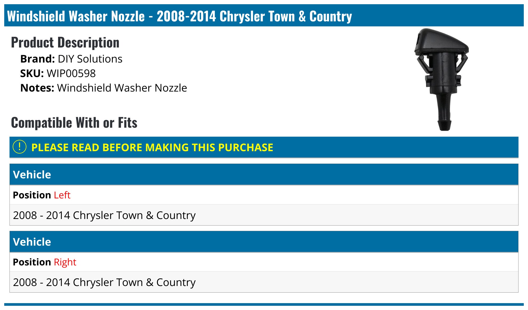 Windshield Washer Nozzle Set For 2008-2013 Chrysler Town & Country – Pair, Left & Right Chrysler Town And Country Washer Nozzle Pair - Foto 9