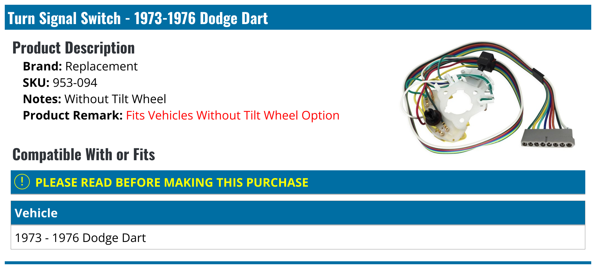 19731976 Dodge Dart Turn Signal Switch Replacement 953094