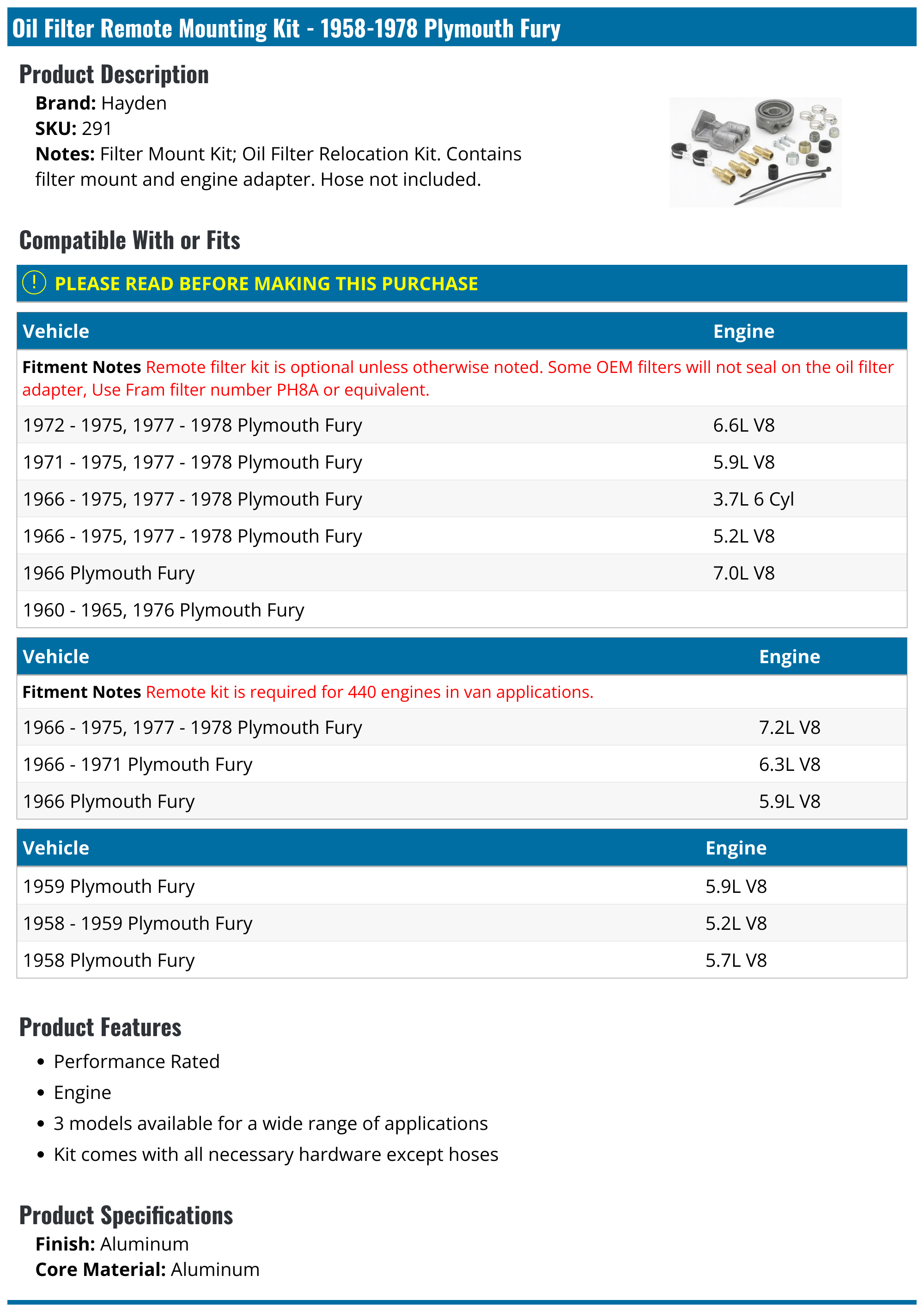 19581978 Plymouth Fury Oil Filter Remote Mounting Kit Hayden 291