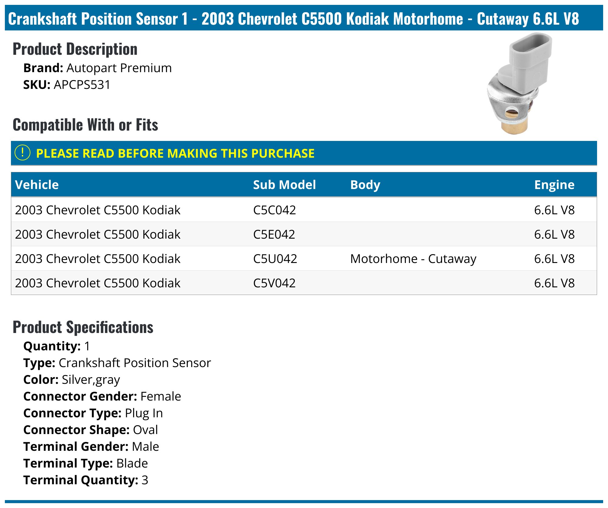 1993-1996 Dodge Stealth Crankshaft Position Sensor APCPS511 Aftermarket | A- Premium - View #2