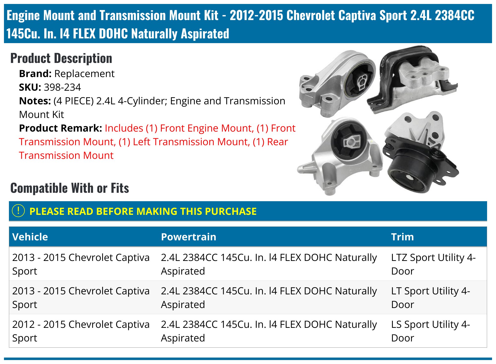 Anchor Front Engine Mount – Chevy Captiva Sport, Equinox, GMC Terrain, Saturn Vue – 3263 22774205