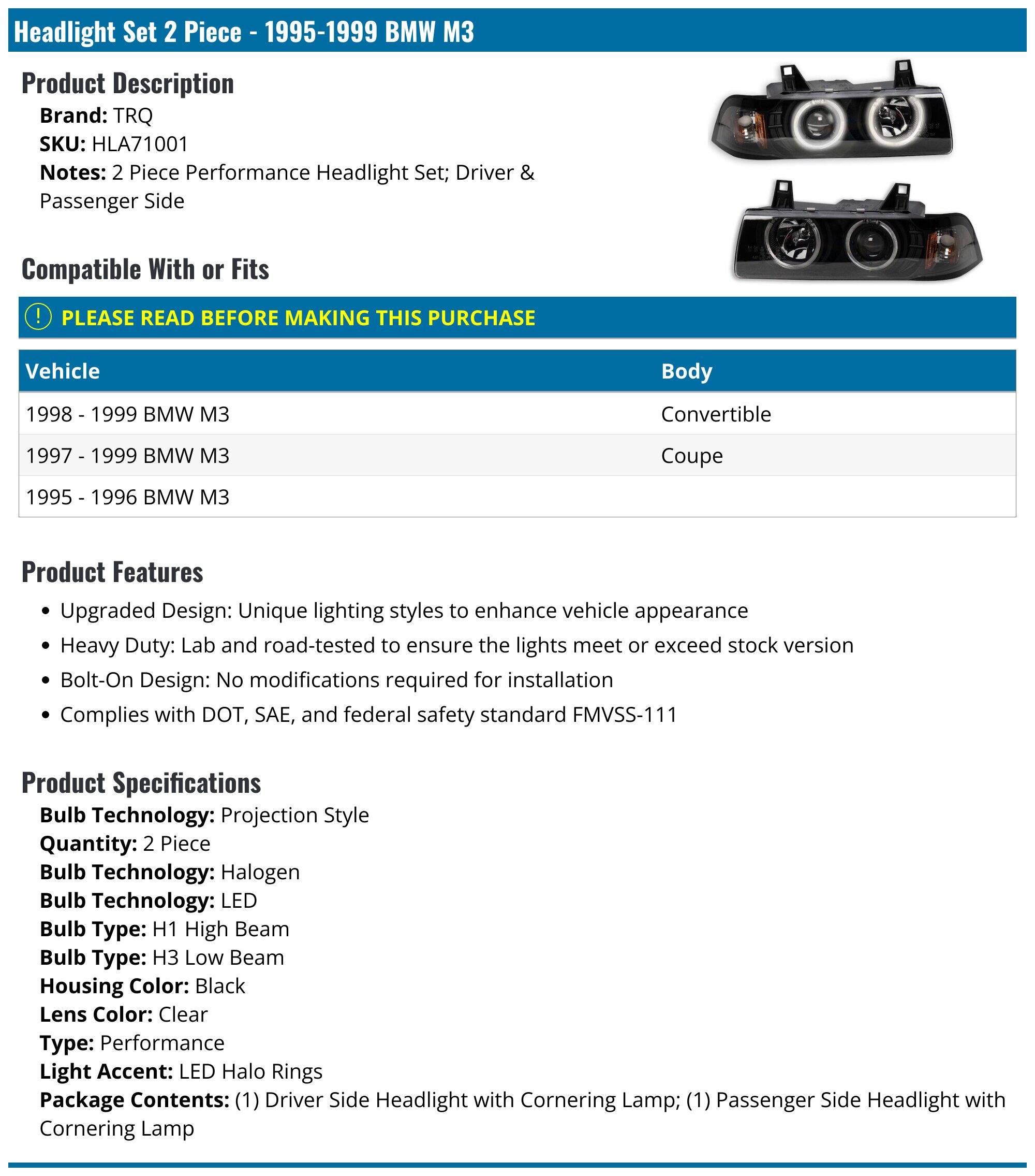 1995-1999 BMW M3 Headlight Assembly - TRQ HLA71001 - PartsGeek.com