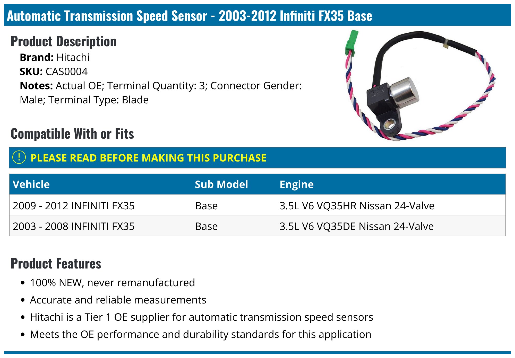 Autoguardian Transmission Speed Sensor – 31935-1XJ0A – For Infiniti EX37 FX35 FX37 G25 M35H Q60