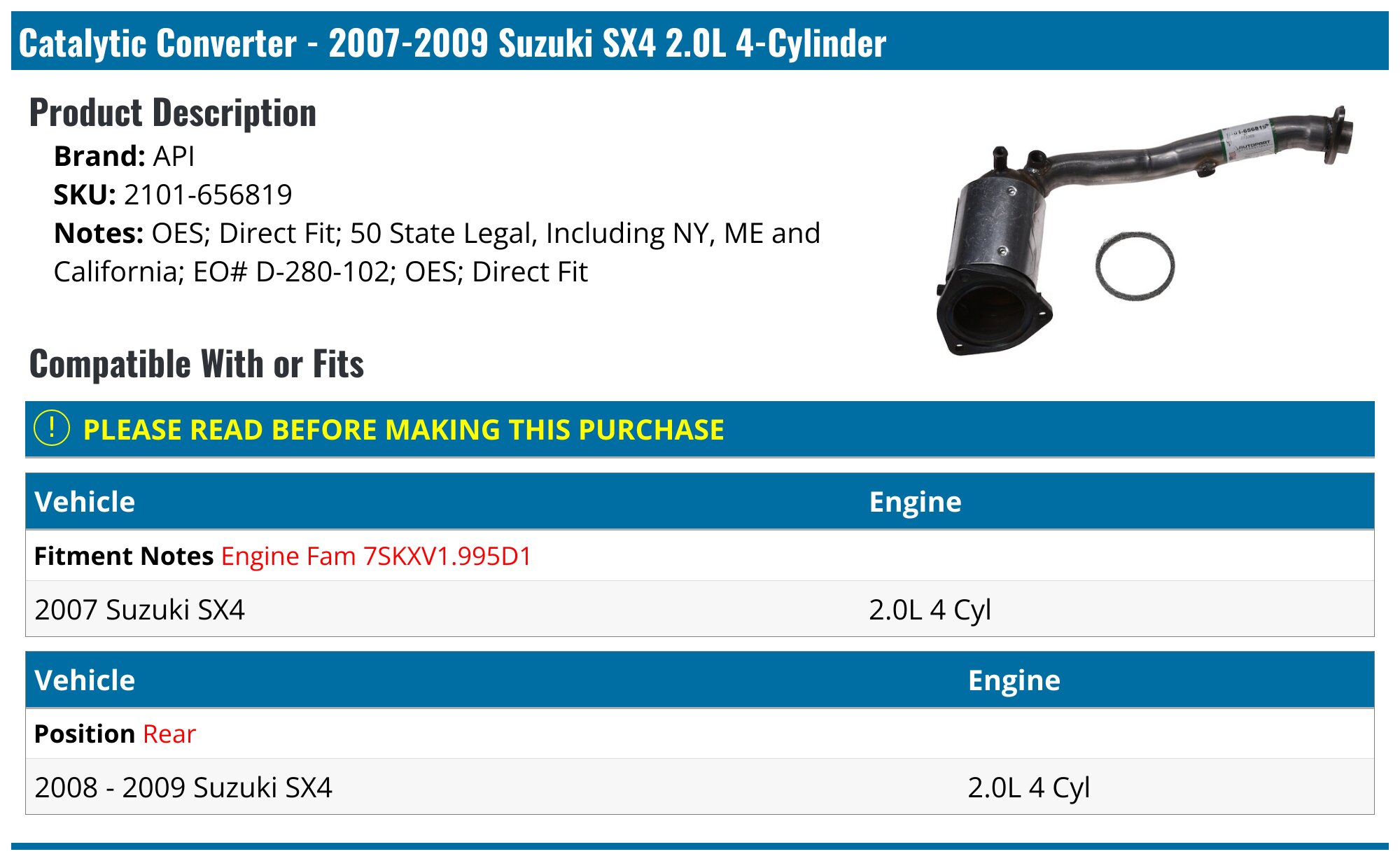 AP Exhaust® - Suzuki SX4 2.0L 2007 Direct Fit Catalytic Converter and