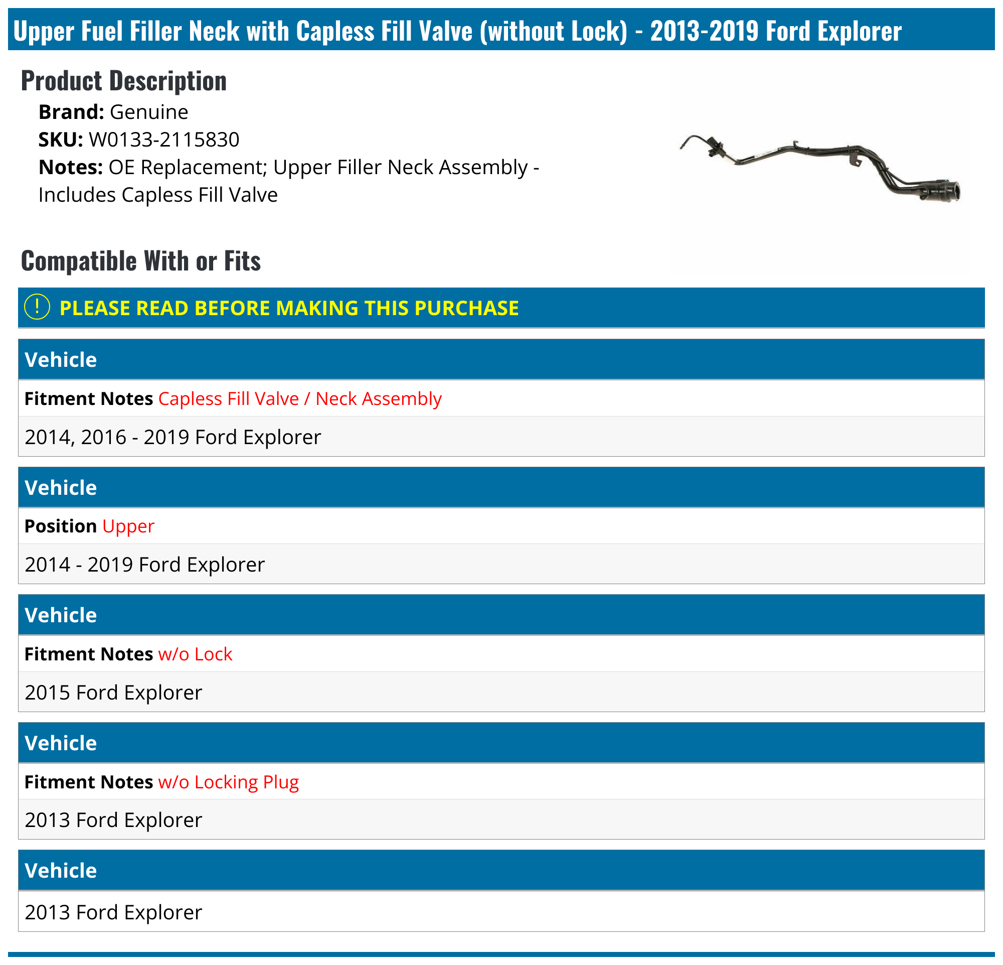 20132019 Ford Explorer Fuel Filler Neck Genuine W01332115830