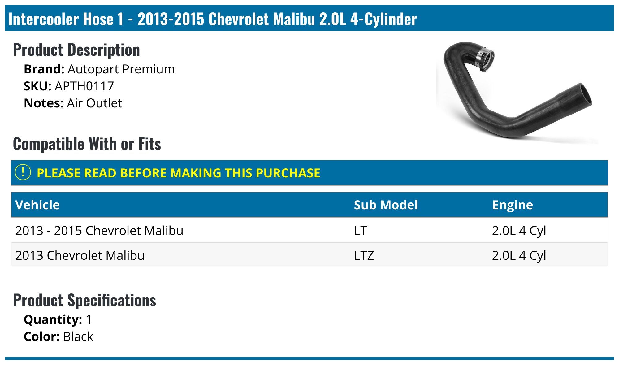 Intercooler Turbo Hose For Buick Regal 2014-2017 & Chevy Malibu 2013-2015 – 2.0L L4, Direct Fit GM23131218