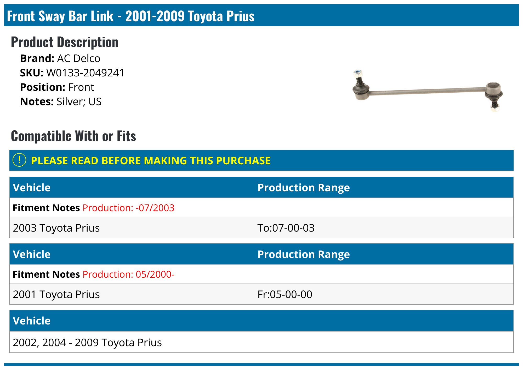 2 Front Sway Bar Links For 2001-2009 Toyota Prius – Stabilizer Links With Hardware