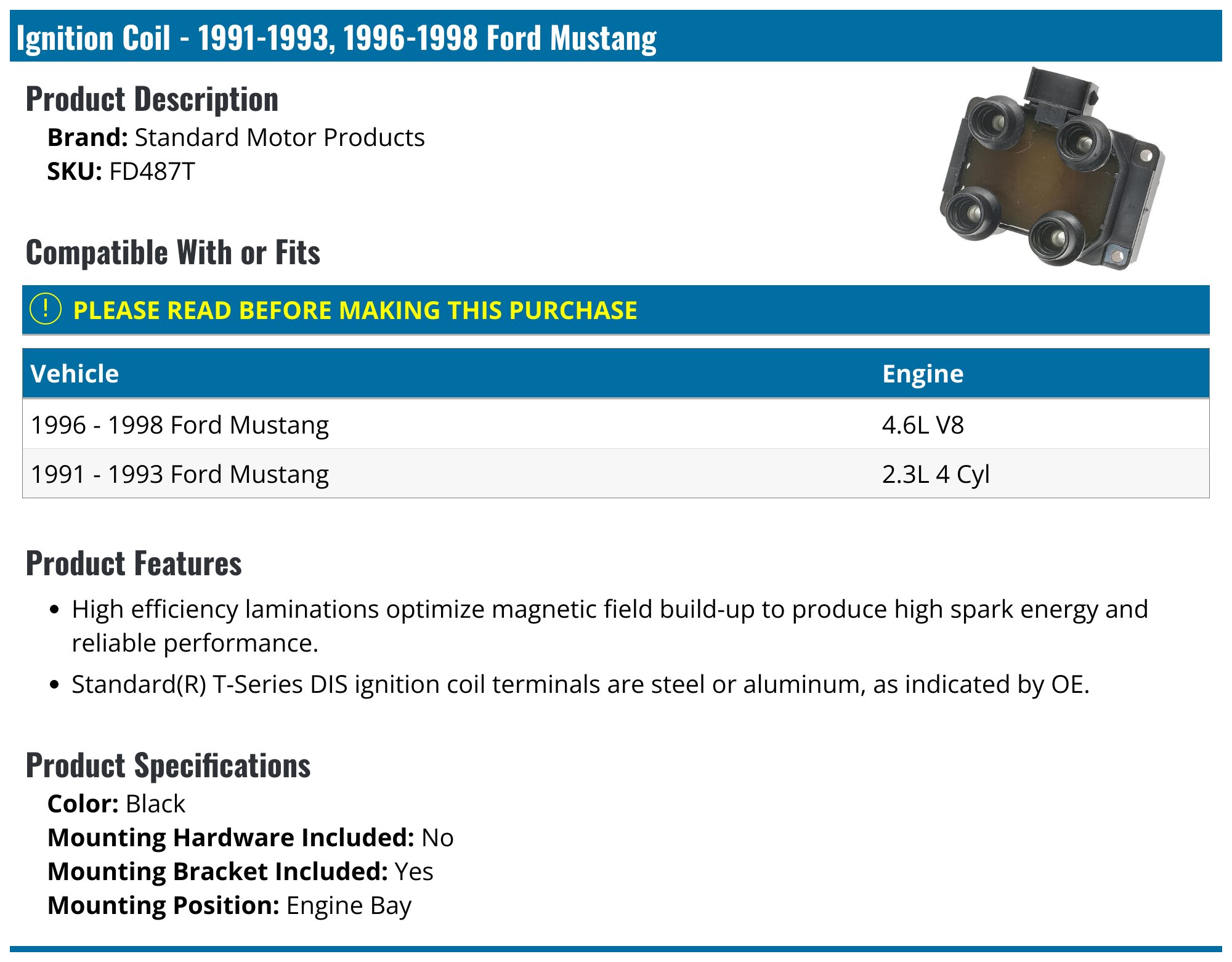 Ford Mustang 4.6L Ignition Tune-Up Kit: 2 Coils, 8 Motorcraft Spark Plugs, & Wire Set (Aero Spark FD487)