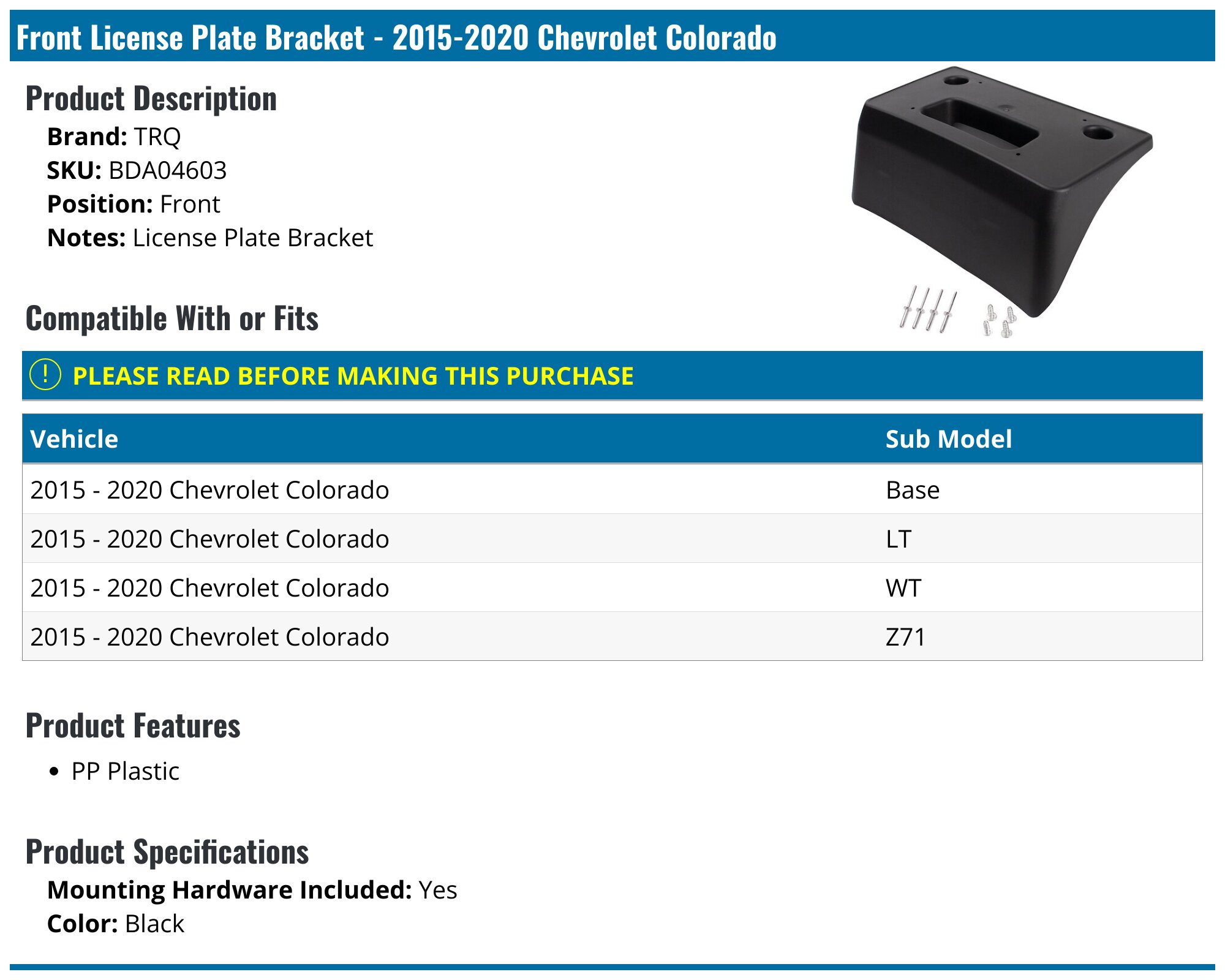 GM Genuine Front License Plate Mounting Bracket – 2015-2020 Chevrolet Colorado, 22891635
