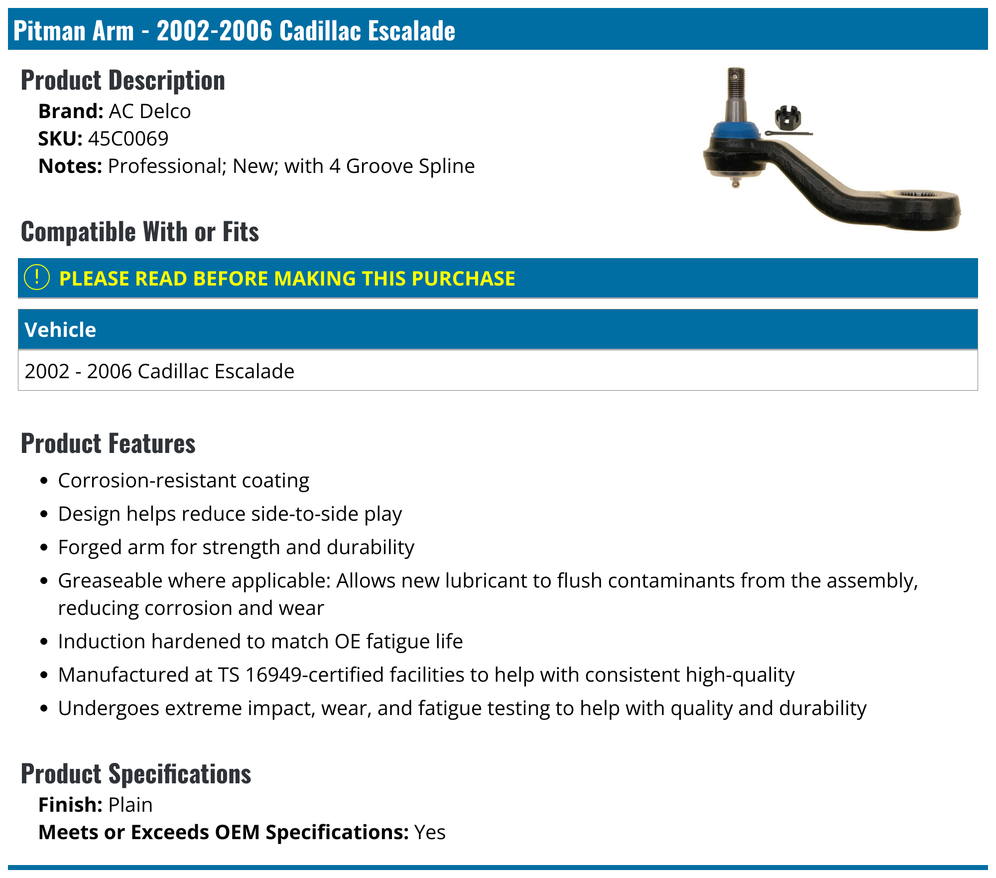20022006 Cadillac Escalade Pitman Arm AC Delco 45C0069