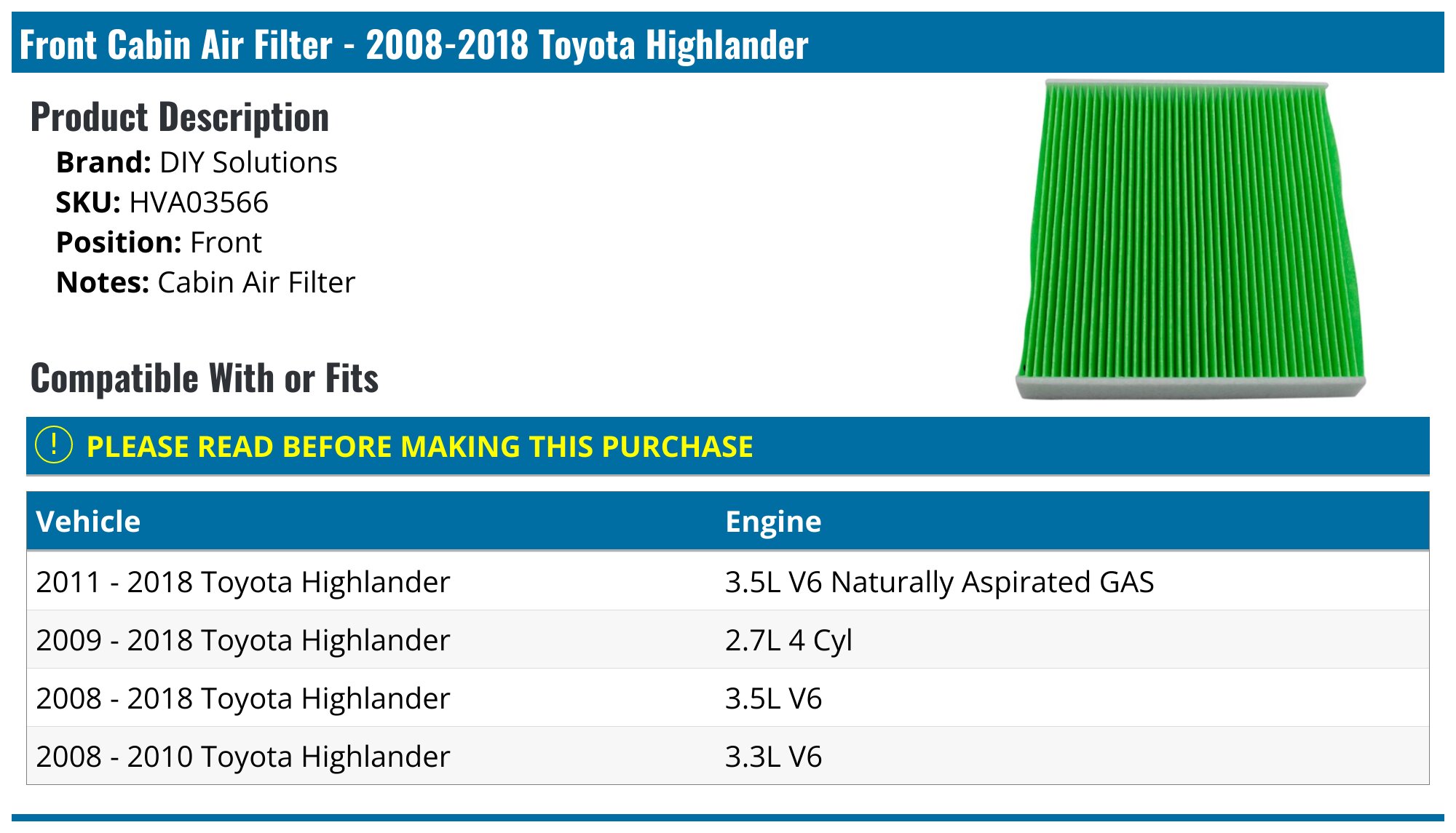 2008-2019 Toyota Highlander Cabin Air Filter - DIY Solutions HVA03566 ...
