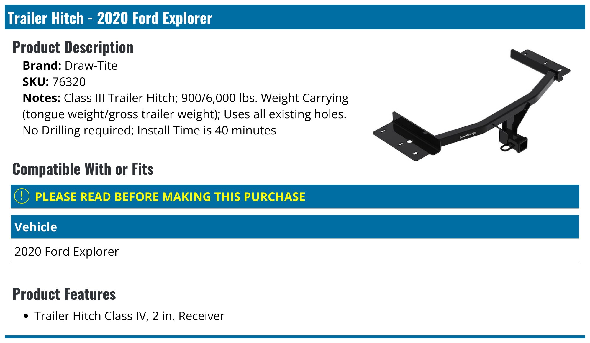 2020 Ford Explorer Trailer Hitch DrawTite 76320