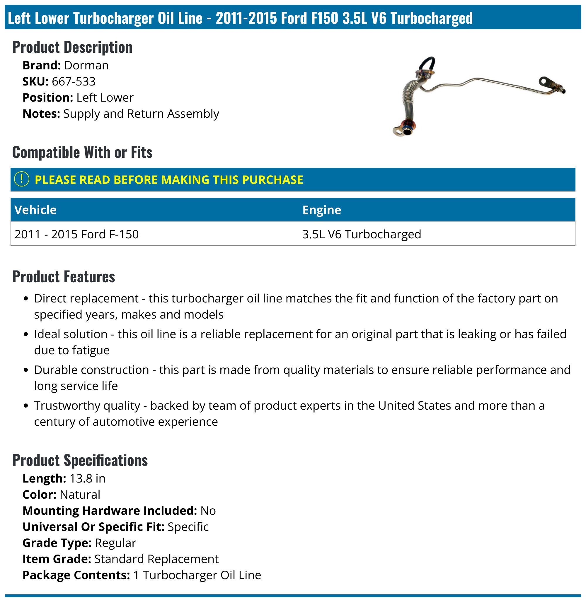 2011-2015 Ford F150 Turbocharger Oil Return Line - Dorman 667-533 ...