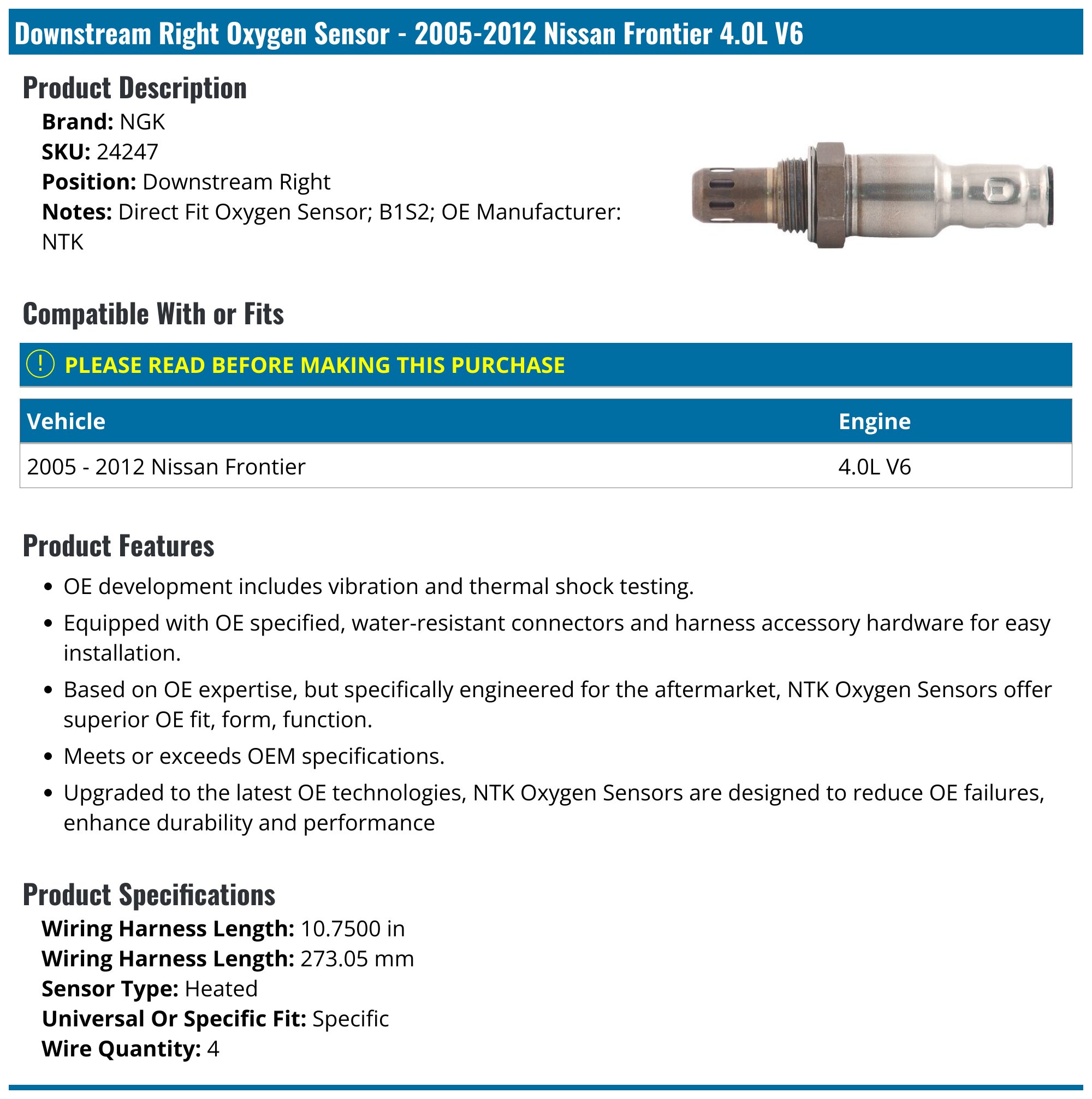 Autodayplus 4pc Oxygen O2 Sensor Set For 2011-2012 Nissan Frontier 4.0L – Upstream & Downstream