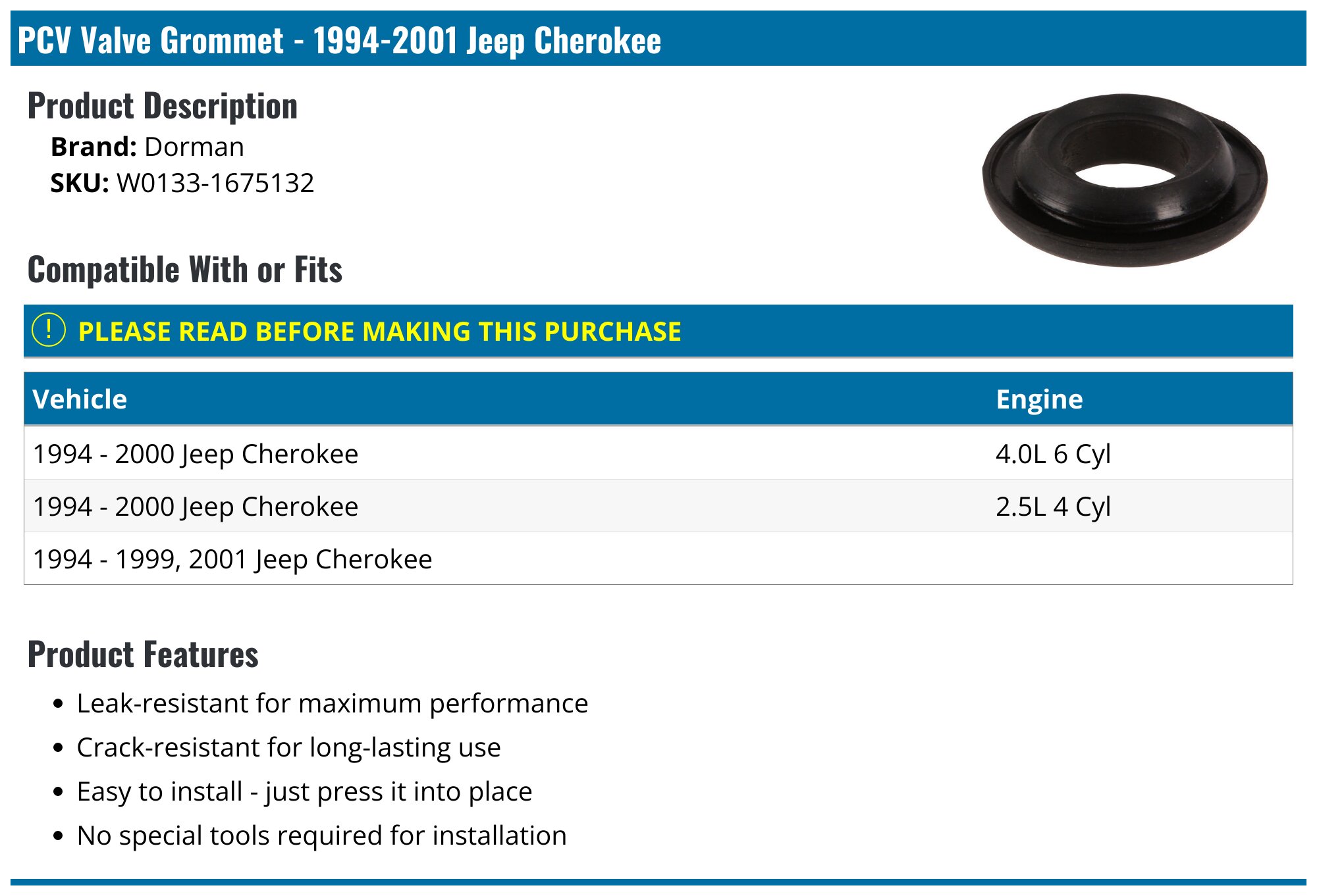 PCV Valve With Grommet – Direct Fit For Jeep Wrangler TJ & Cherokee (1997-2006) – Partsebuy