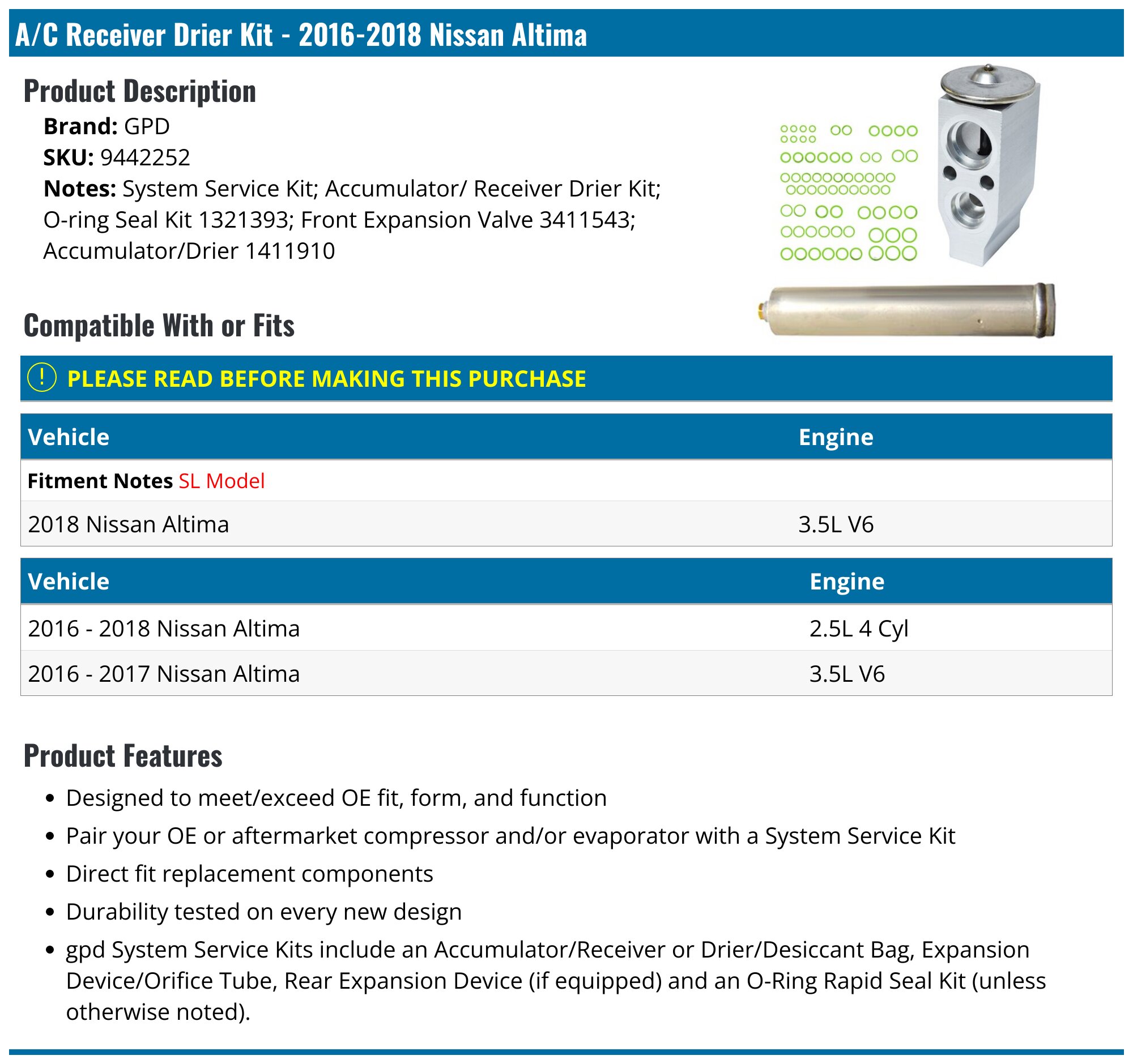 2016-2018 Nissan Altima A/C Receiver Drier - GPD 9442252 - PartsGeek.com