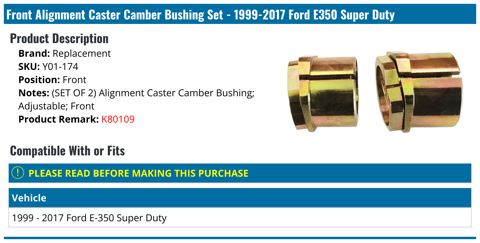 19992017 Ford E350 Super Duty Alignment Caster Camber Bushing