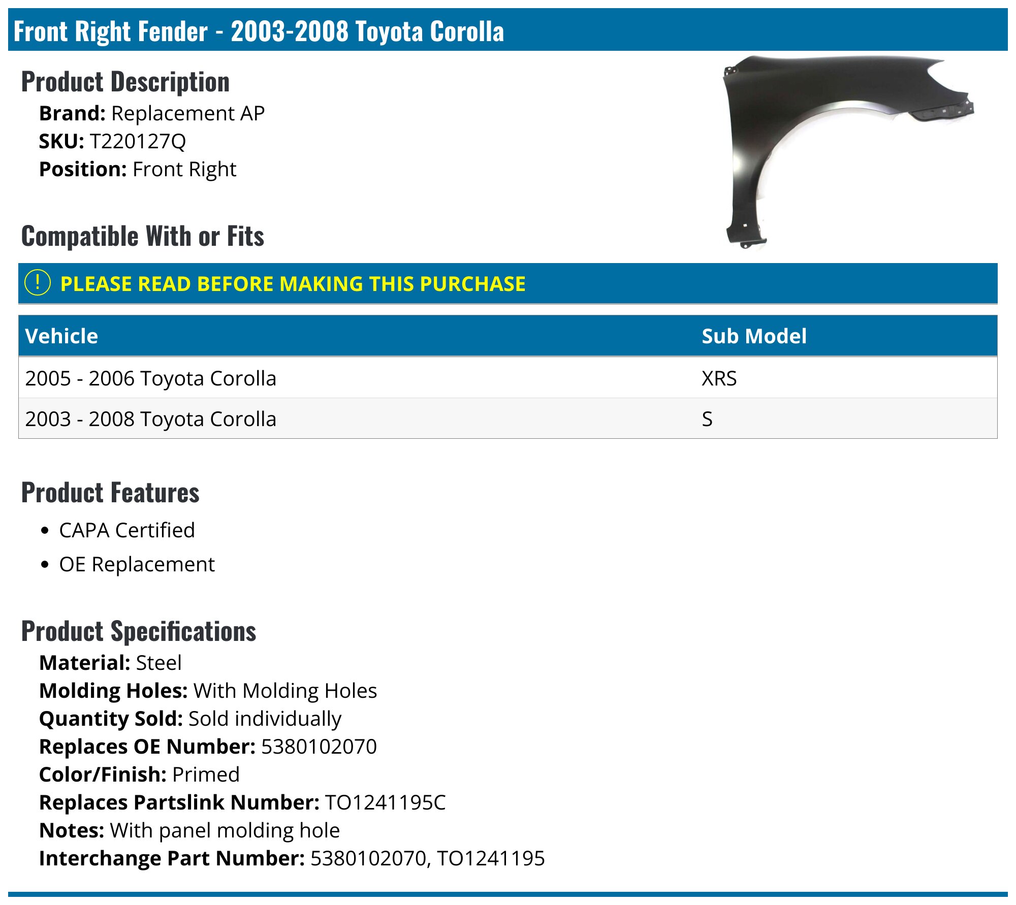 CAPA Fender For 2003-2008 Toyota Corolla Front Driver and