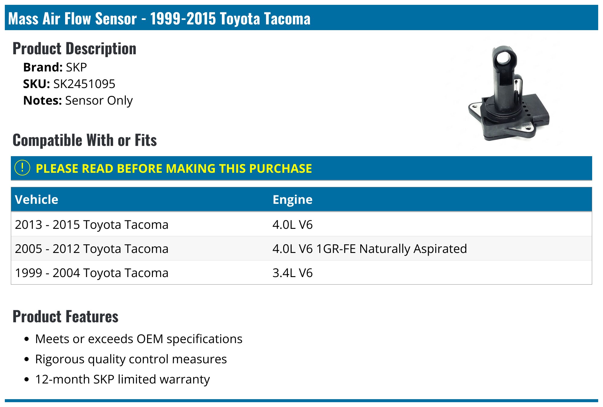 19992015 Toyota Air Mass Sensor SKP SK2451095