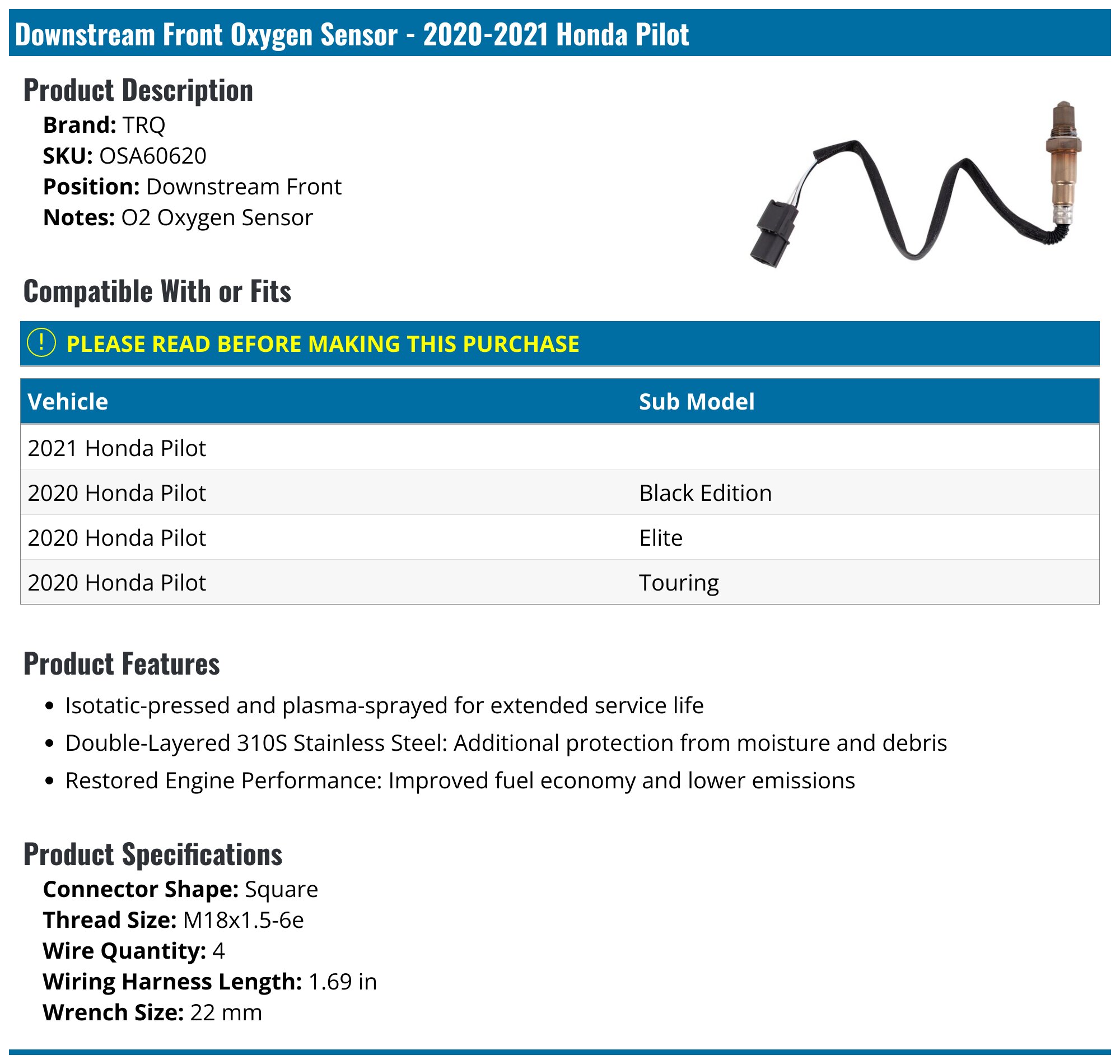 2020-2021 Honda Pilot Oxygen Sensor - TRQ OSA60620 - Downstream Front ...