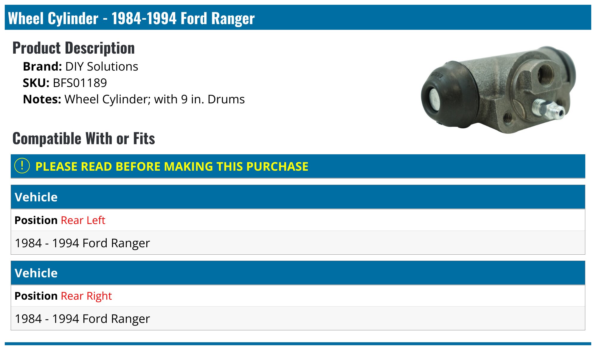 19841994 Ford Ranger Wheel Cylinder DIY Solutions BFS01189 Rear